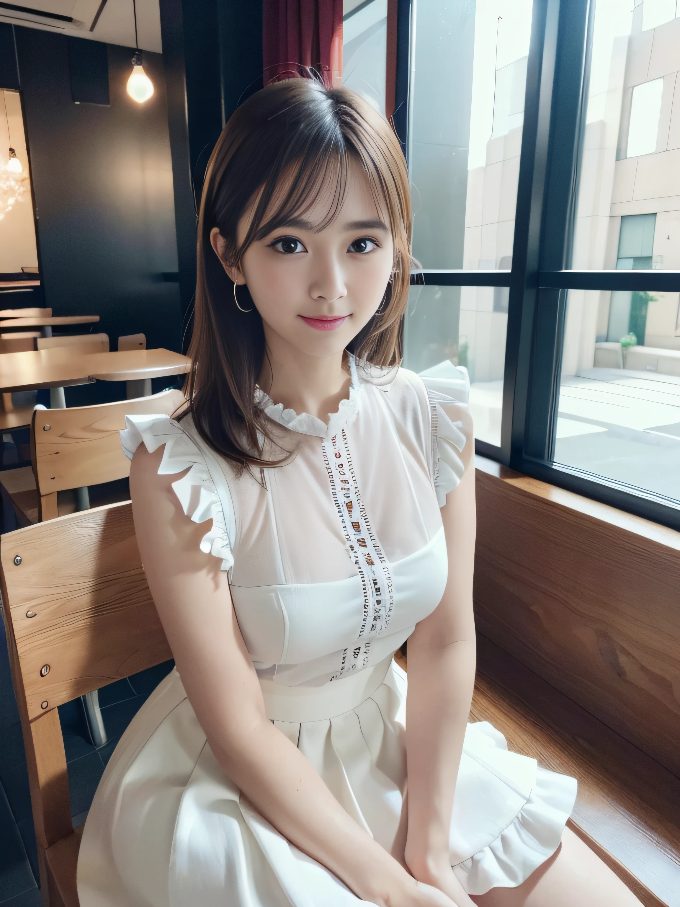 8K、Raw photography、(masuter piece:1.2)、(Photorealsitic:1.2)、(best qualtiy)、((Sleeveless with white frills))、((Adult woman in floral white skirt))、((japanes、30-years old))、Light brown hair in one woman、((full body Esbian))、make - up、Smart body、A smile、Poses variadas、hyperdetailed face、A detailed eye、((No close-ups))、(Inside the café、Sitting on a chair)