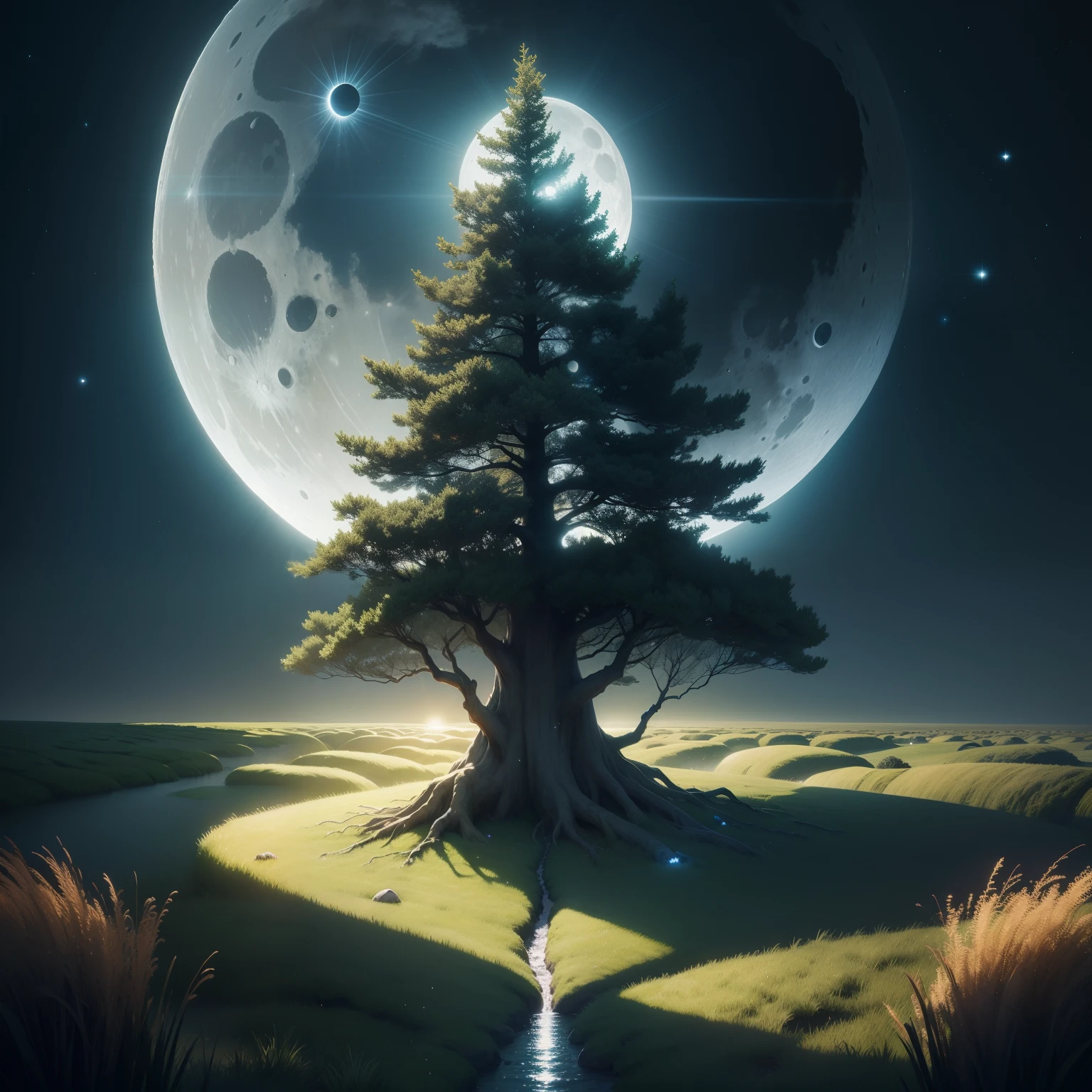 The Tree of God,Moon,Sea of grass,rays of moonlight,glowworm