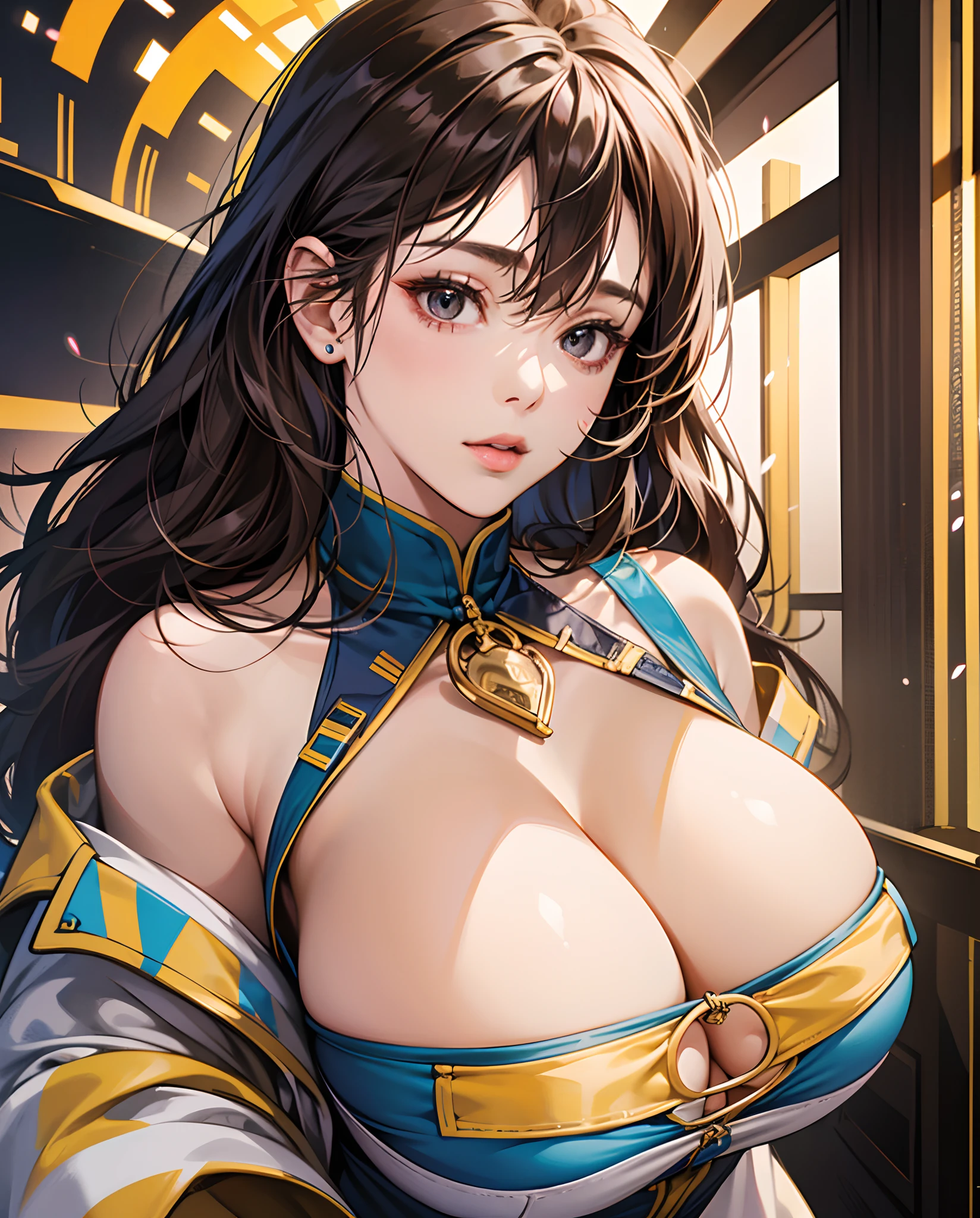 8K,tmasterpiece, bset quality,Colossal tits、(1girl in)、((Pit girl costume))、shiny skins、shiny big、dark brown colored eyes、 ((top-quality))、 Clear focus:1.2、Highly detailed facial and skin texture、A detailed eye、face perfect、perfect bodies、art by、NFFSW、blur backgroun、jpn、With a strong sense of presence、Circuit field、blur backgroun、Cowboy shot、chest emphasis,Open cleavage,((huge-breasted:1.4)),Obscenity,erotick, --auto --s2