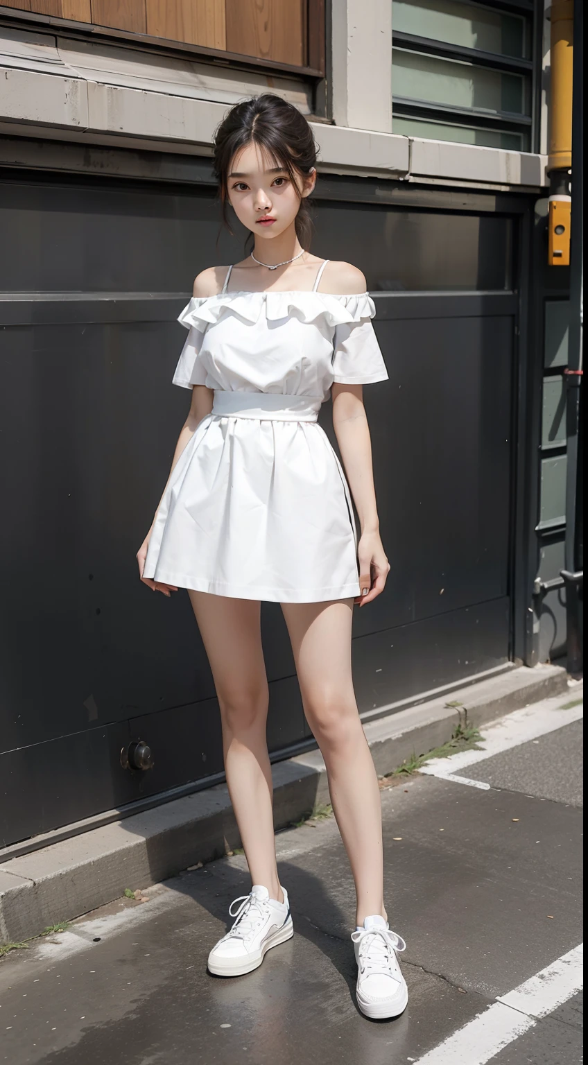 ,flat chest, standing, full body,short hair, short dress,summer dress, white dress, nighty gown