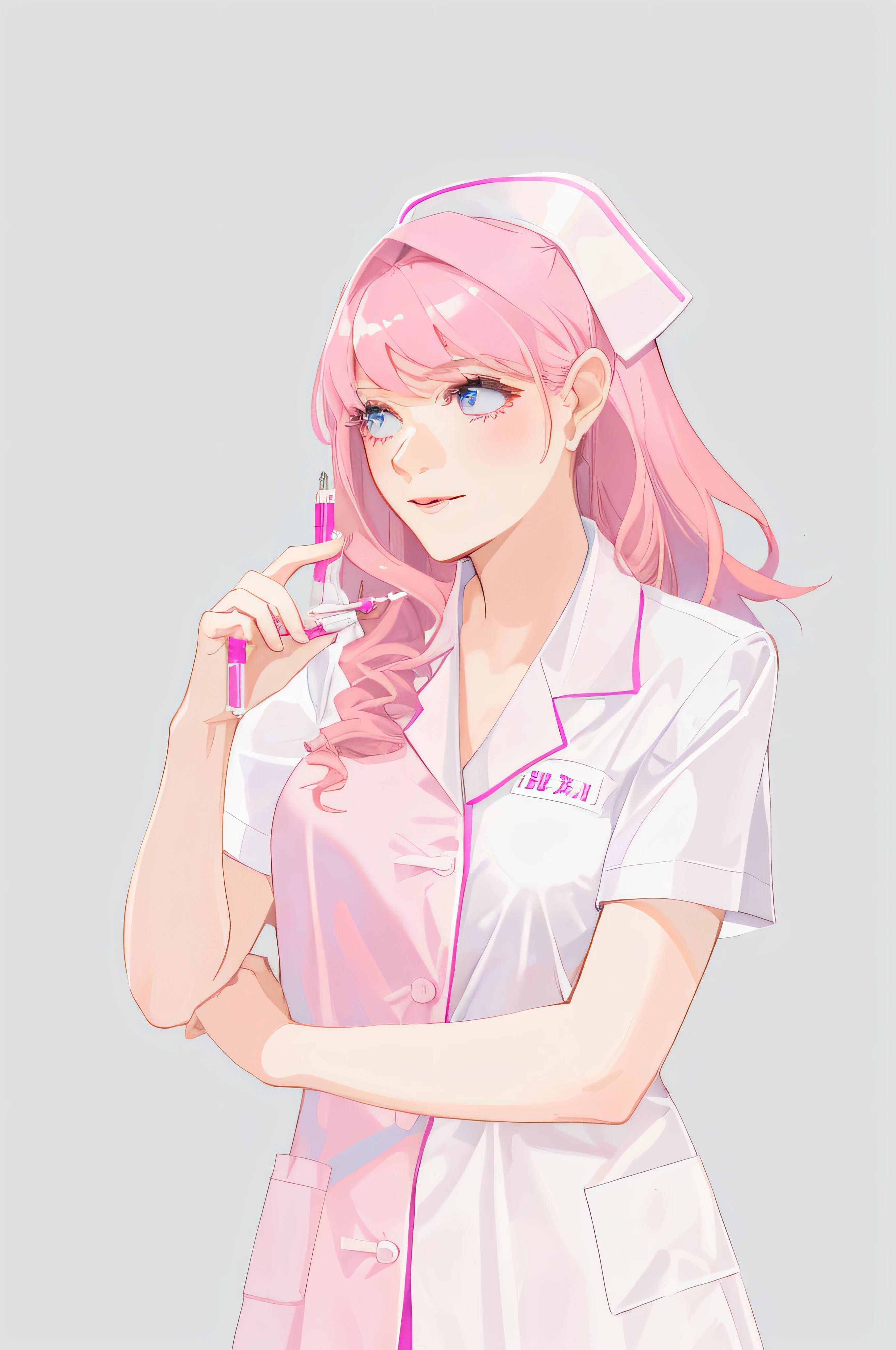(Masterpiece, best quality: 1.2), (Super detailed), (Illustration), wallpaper,a woman in a white uniform, holding syringe, holding a syringe, nurse girl, nurse, holding a syringe!!, nursing, healthcare worker, holding a caduceus staff, with an iv drip, wearing a white hospital gown, wearing lab coat and a blouse, ((pink curly shot hair)),black background, no background