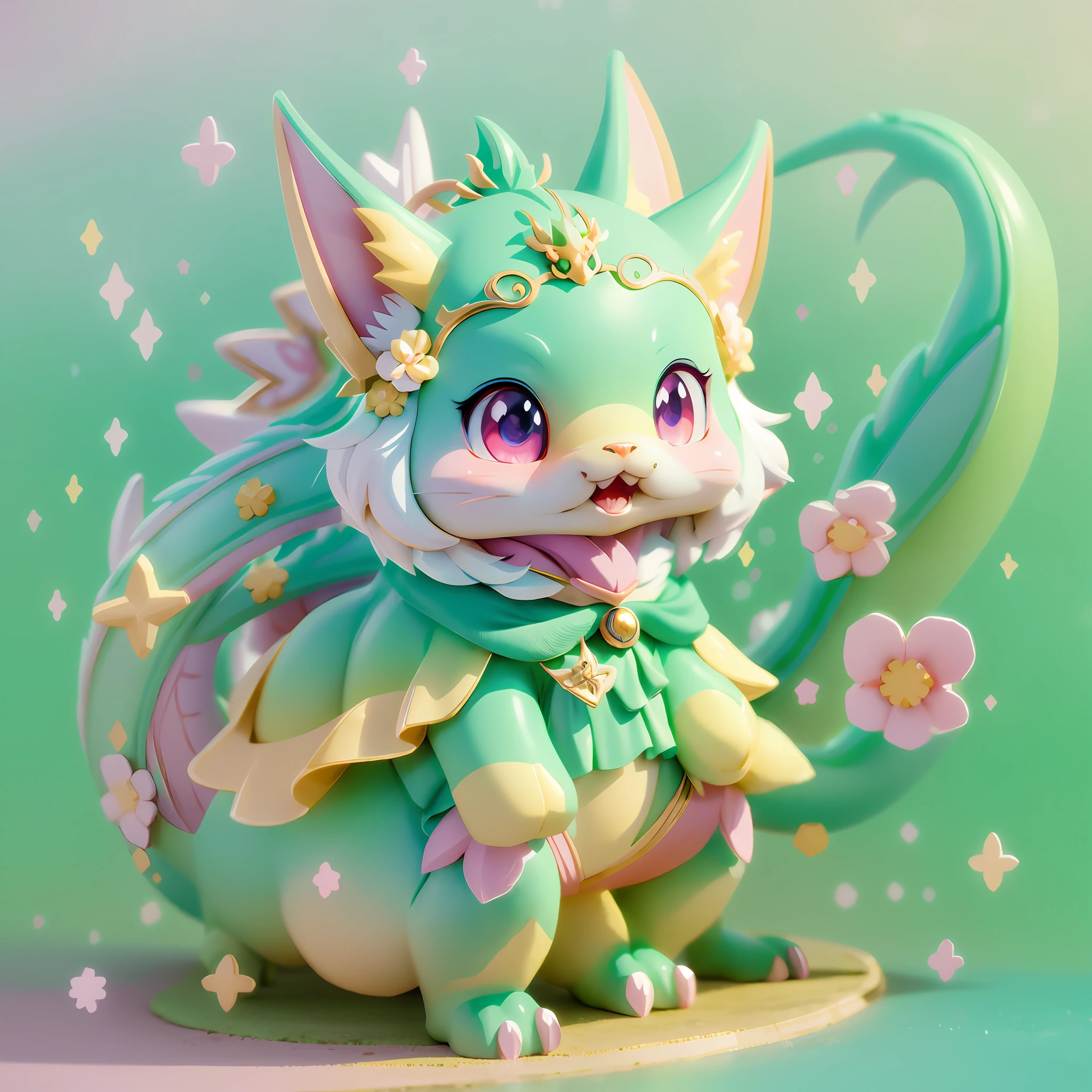 Anime - Style dragon with green mane and pink ears, Cute detailed digital art, lovely digital painting, cute 3 d render, adorable digital art, 3 d render stylized, hyper-detailed fantasy character, 8K high quality detailed art, cute detailed artwork, stylized as a 3d render, stylized 3d render, cute little dragon, Detailed fanart, fantastical creature