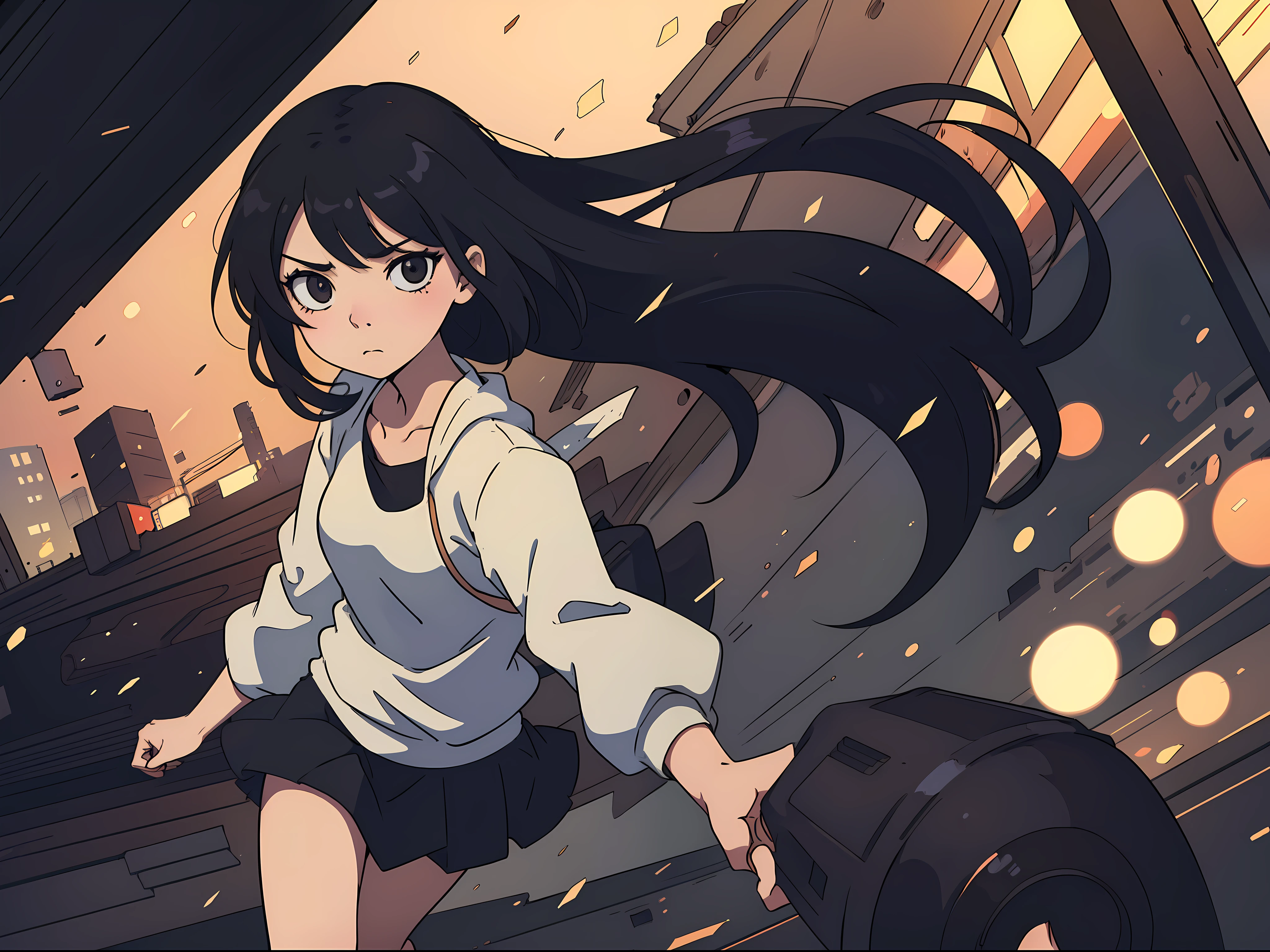 2d, sketch art, one anime woman, sad, black hair, line art, 2d, bokeh, depth of field