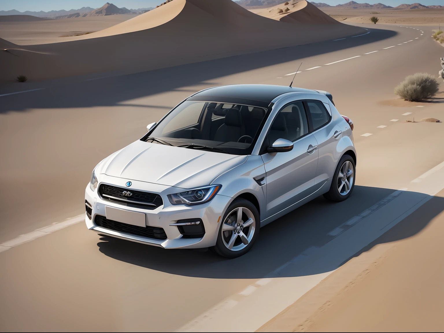 front 3D illustration of one cute white silver highland kitten walking and small car in a street, wonderful desert background, 8K resolution