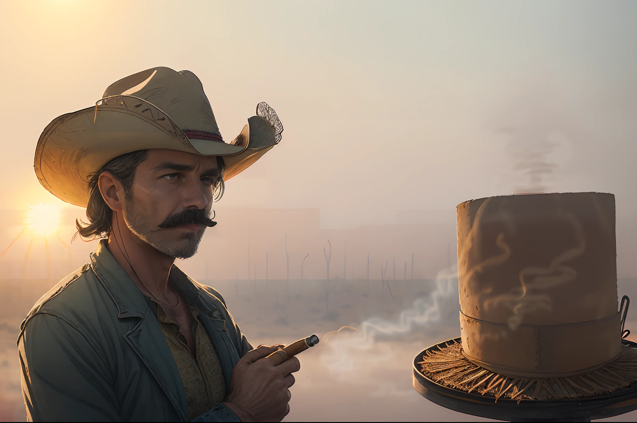 smoke a cigar image, (small cacti and small amount of weeds:0.7), desert background, (1 male is 40 years old cowboy gunman with mustache:1.2), (no beard:1.3), looking away, holding a handgun, colored pencil painting, fountain pen draft drawing, crayon coloring, sunset, (heat and heat haze:1.7), catchlight, (intricate surface detail:1.2), full body shot:1.5)