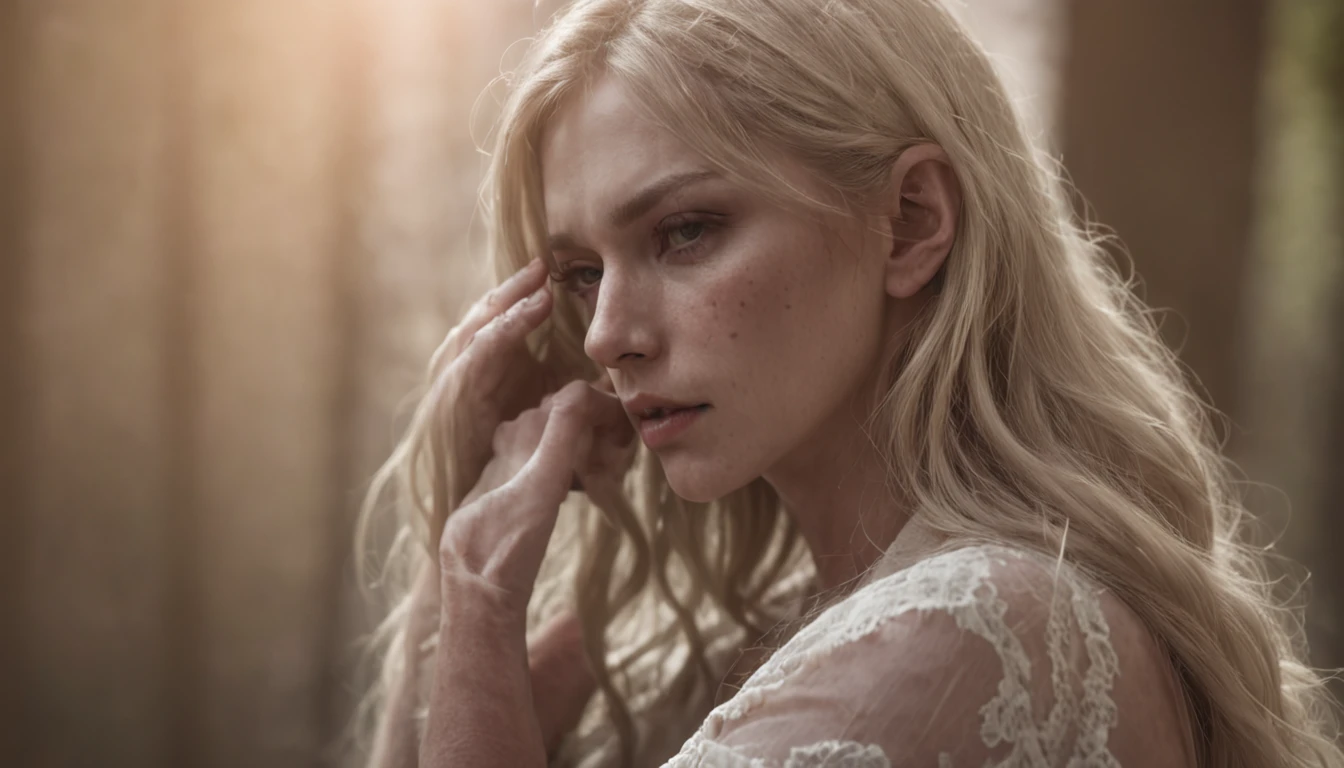 A werewolf and a woman, both with ambiguous expressions, standing in solidarity with a pregnant woman who is weeping, blonde hair, annoyed, Surrealism, Ultra-Wide Angle, UHD, textured skin, high details, super detail, best quality, highres, 4K