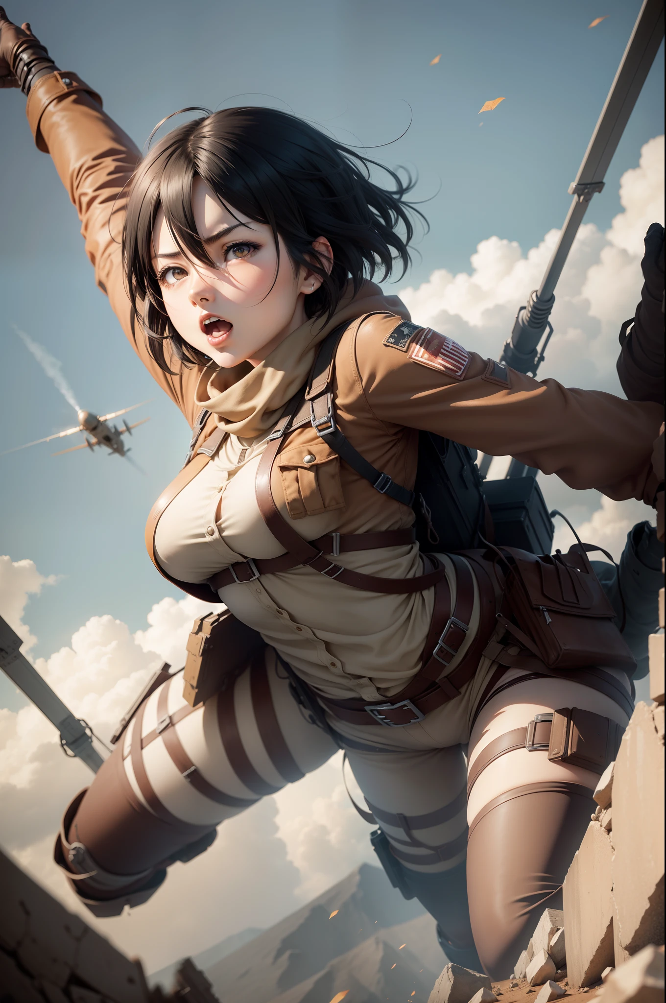 Mikasa's Attack on Titan, dynamic pose, Medium air with ODM equipment in action --Size 1:1