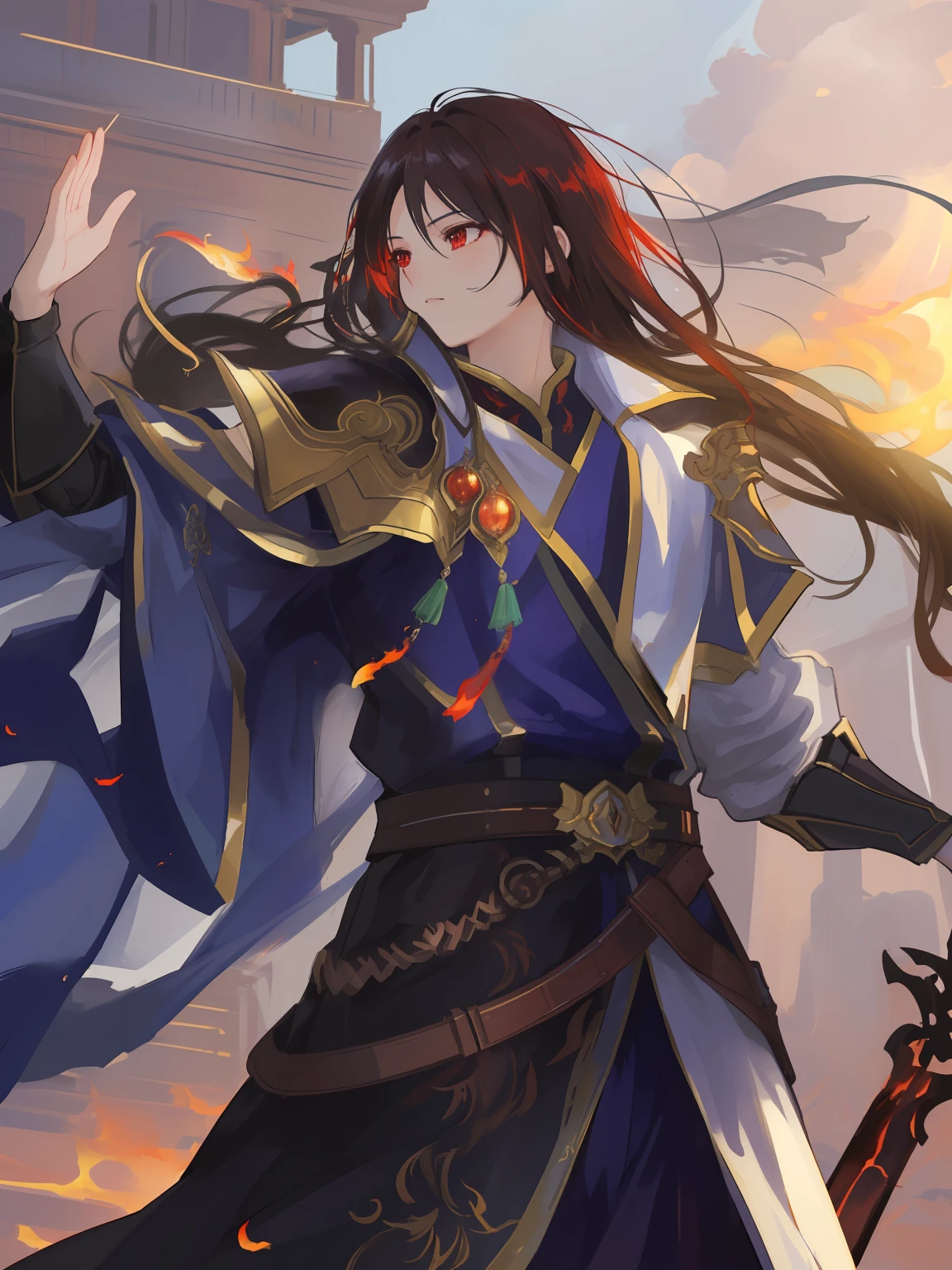"(masterpiece、Best Picture Quality、Passion burns、Mysterious fantasy、Surrounded by flames、Visually astounding、Highly detailed light and shadow、Brilliant colors、Eye-catching CG art wallpaper:Realistic and delicate、Intoxicating)(Fiercely burning flames、Magnificent flames、Fantastic fire spells、The hero of the fire、Ambilight、radiating with light、Deep and fascinating、Like a beating flame、As night fell、Cinematic scenes:The hero challenges the enemy with a fire sword)"