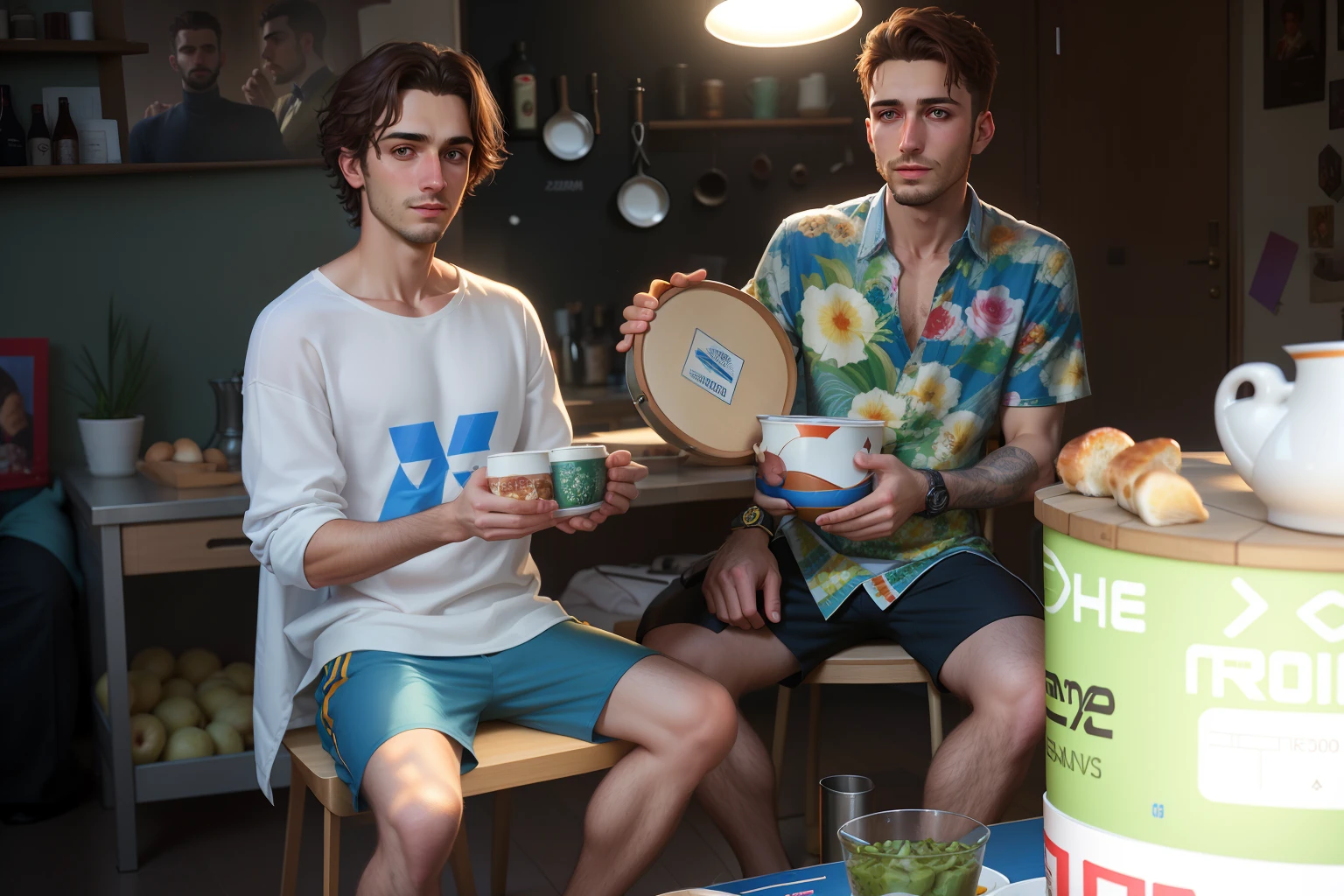 they are sitting at a table with a bowl of food, petros and leonid, portrait image, wlop and andrei riabovitchev, making of, photo portrait, bongos, reportage, exclusive, post grunge, portait image, aleksander rostov, wlop and ross thran, cardistry, two buddies sitting in a room