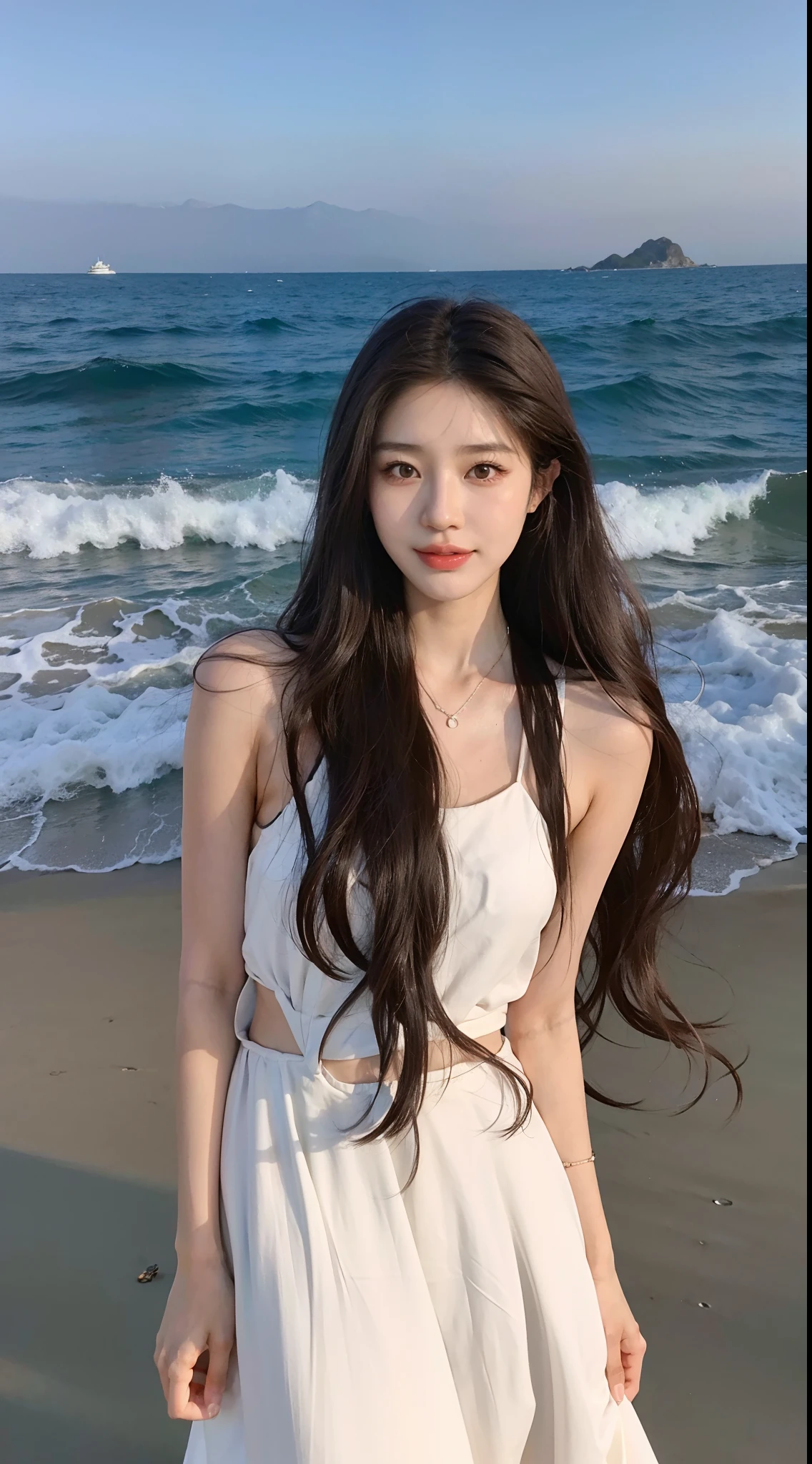 21 year old girl, Arafad woman with long gray hair sitting on the beach, Portraits of Korean female idols,
