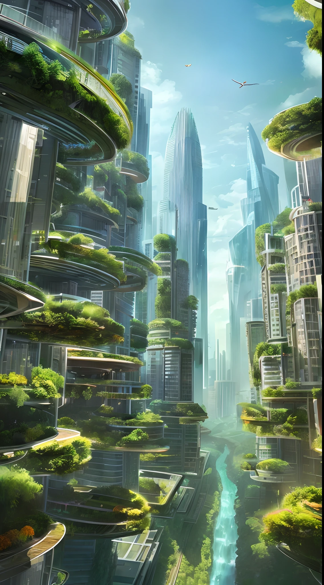 1970s scifi concept art, A sprawling cityscape where towering skyscrapers are interwoven with verdant vegetation and meandering rivers, birds flying freely among the buildings