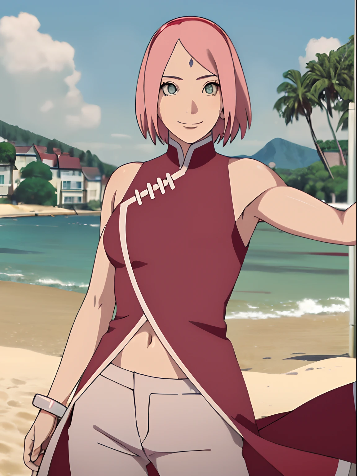 masterpiece, 1k, portrait, face shot, professional artwork, detailed beach background, intricate details, colorful, digital blending, (ultra detailed body, ultra detail hair, ultra detail face), trending on pixiv, kind smile, best quality, anime style: 1.9, 1girl, hires, haruno sakura, (forehead mark, milf, red hairband, pale skin, short hair, ((red sleeveless dress), white pants), (navel, belly button, bracelet, pink hair), smile, beach, wind, floating hair, detailed arms, off-shoulders, broad shoulders, slightly muscular arms, (dirty armpits), standing)