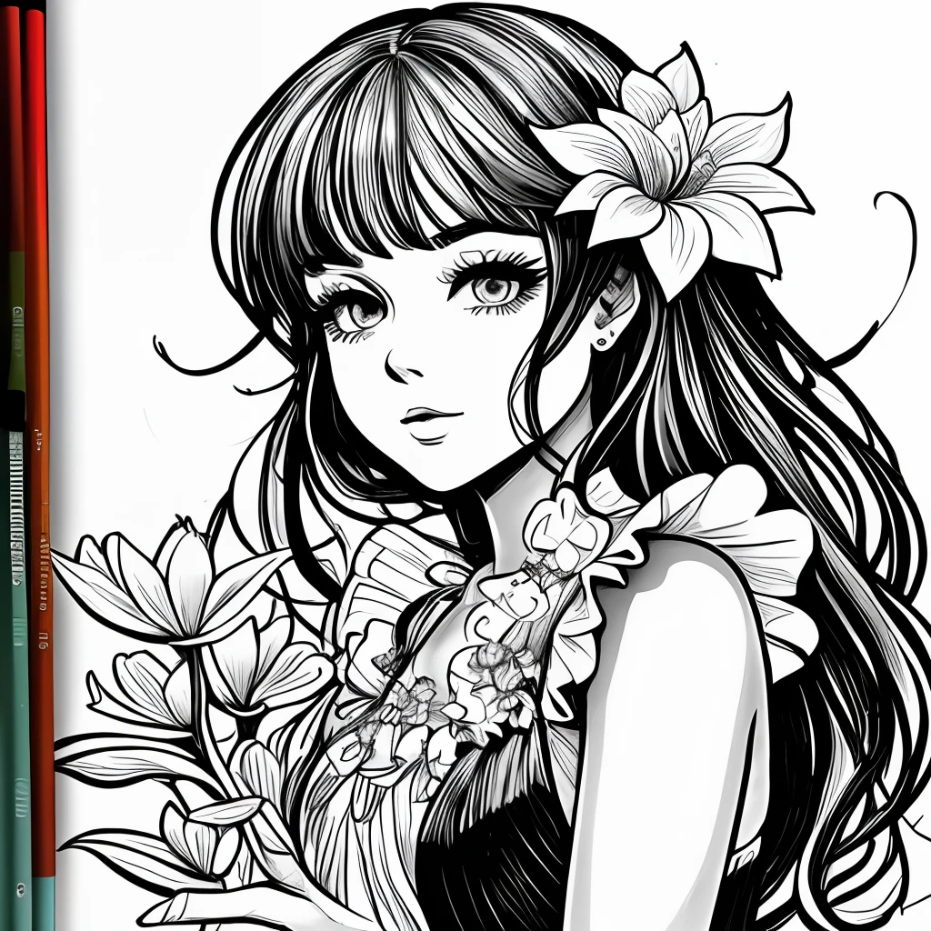 Black and white stick figure 1 girl with river lillies flower in background, in dress with flowers, its fine ink line art, comic style, portrait of ploynesian girl, Marilyn Munroe, Hollywood glam, beautiful line art, black and white comic style, manga style, manga art style, pencil and ink caricature drawing, black and white coloring --auto --s2
