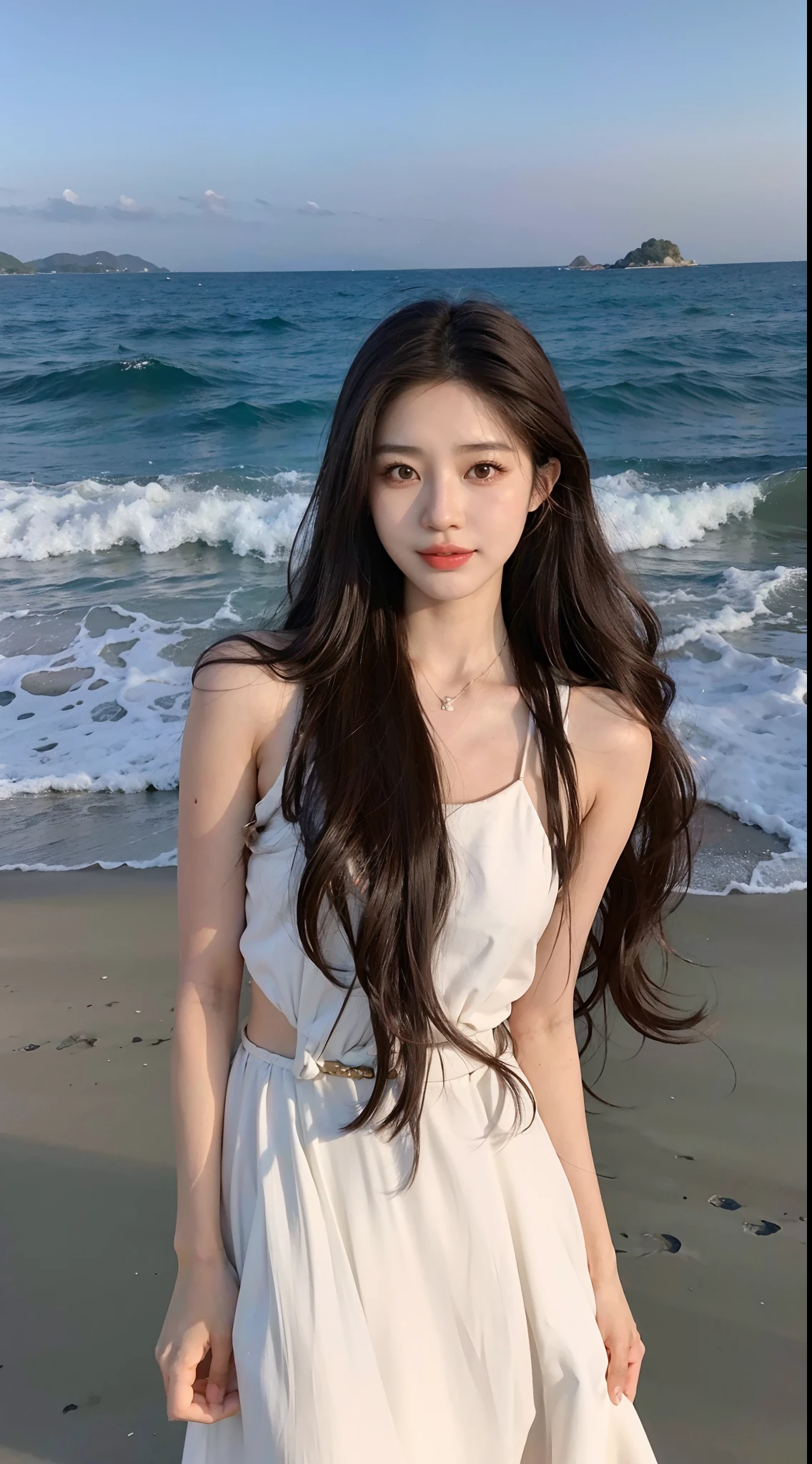 arafed woman in a white dress standing on a beach, beautiful Korean women, bae suzy, Gorgeous young Korean woman, Asian girl with long hair, Beautiful young Korean woman, jaeyeon nam, Brown hair long, With long hair, Korean girl, ulzzangs, Long brown wavy hair, waist long hair, appealing long hair, long hair girl