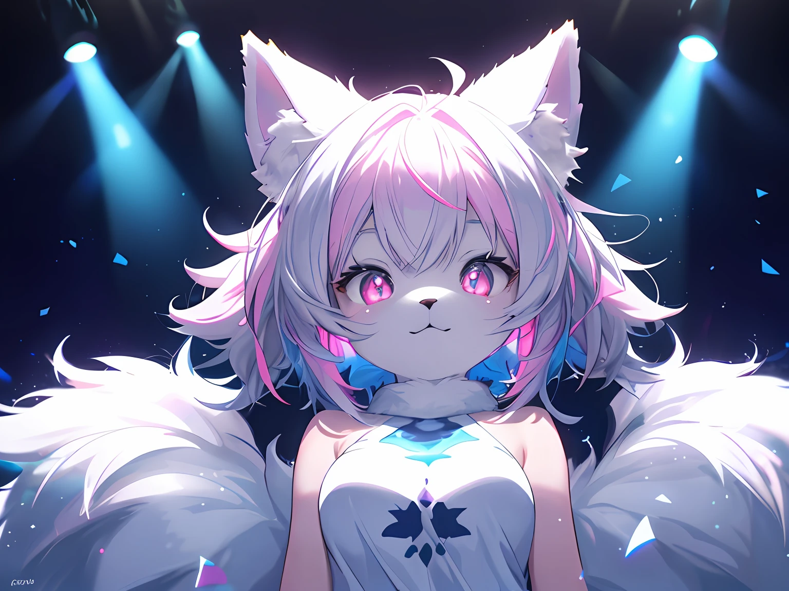 shaggy,furry, White fur,hyper cute face,Light blue element on fur,pink glowing eyes,White T-shirt,Beautiful lights and shadows,ambient lights,Ultra-fine fur,volumettic light
