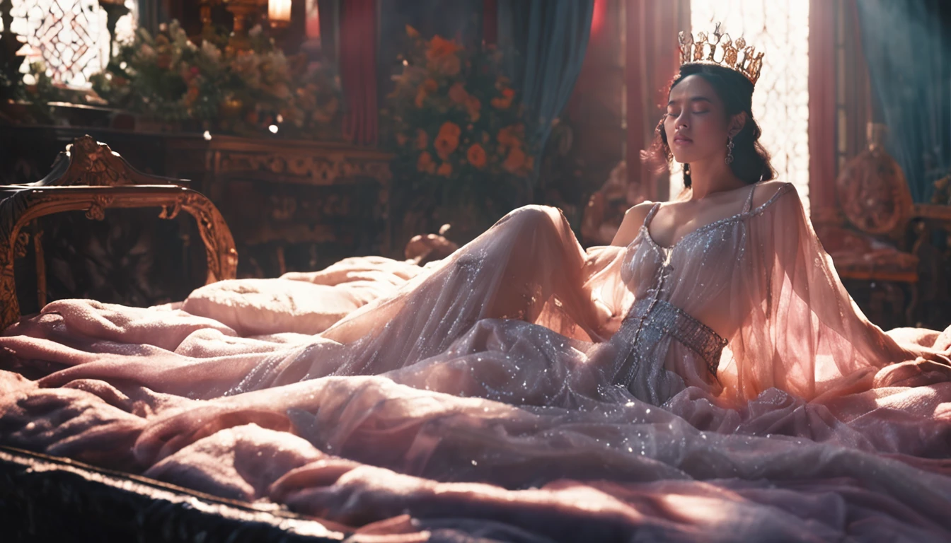 Young Queen、lying back on、Sleeping alone、Beautiful whole body、Transparent light robe、darkened room、natta、full bodyesbian、wide Shots