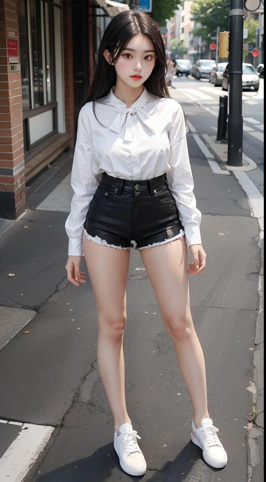 Ultra high quality, Full body like，Refined face，Beautiful girl of 18 years old，with a good figure，Smaller bust，White color blouse，Waistless shorts with white stockings，Wear black canvas shoes，Street scene，Stand tall