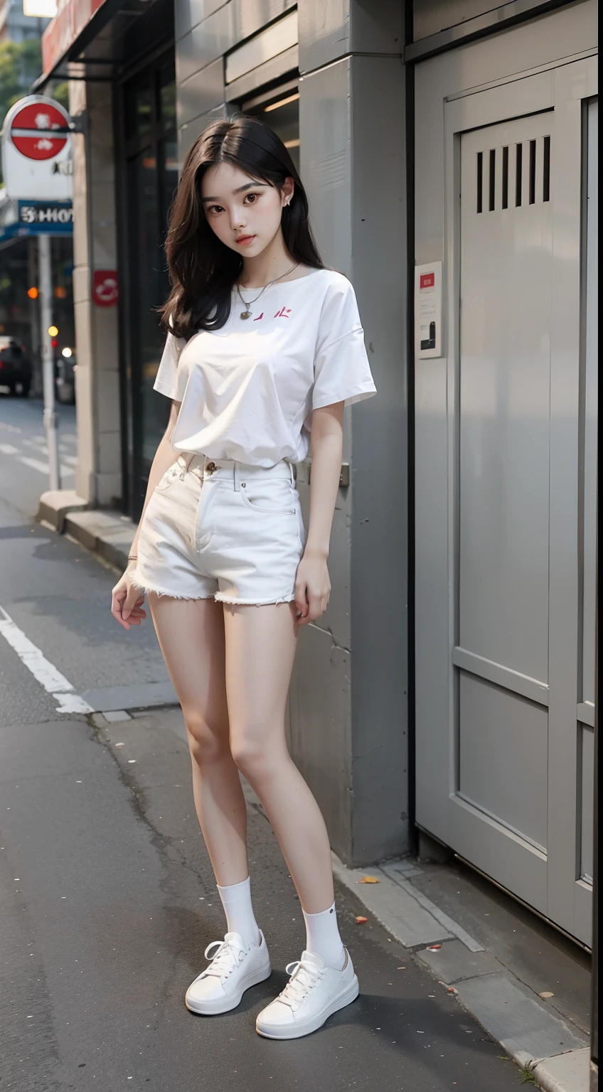 Ultra high quality, Full body like，Refined face，Beautiful girl of 18 years old，with a good figure，Smaller bust，White color blouse，Waistless shorts with white stockings，Wear black canvas shoes，Street scene，Stand tall