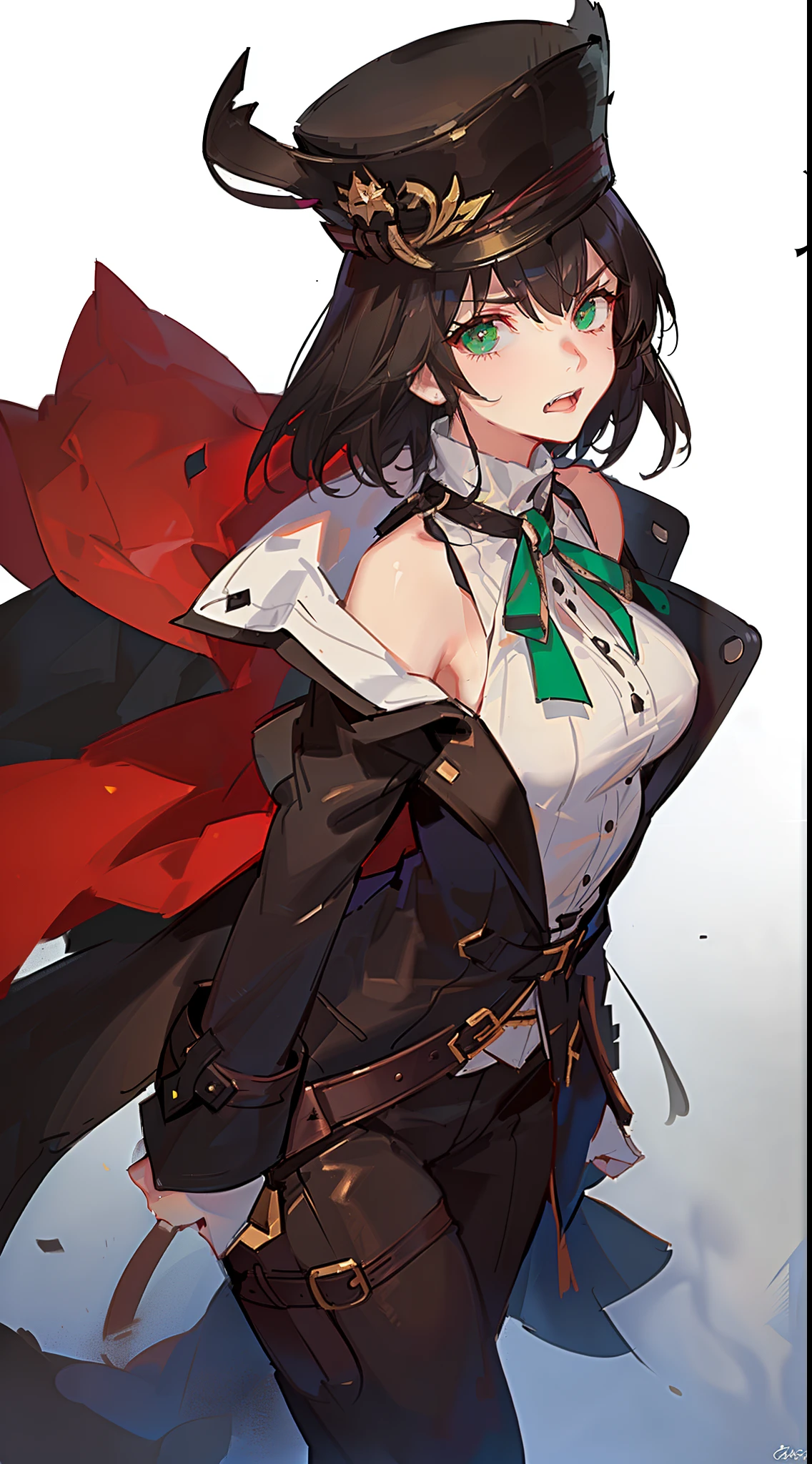 young girl, short black hair, Green eyes, White Mask, brown leather coat, hat, Rorschach, angry, Masterpiece, hiquality