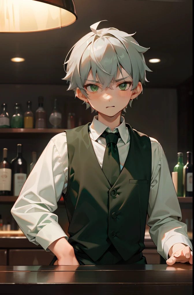 A cold and handsome little boy,Gray hair and green eyes,Wear waiter clothing,Black vest white shirt,At the bar in the evening,The scene is dark,At night, the lights are red and green。