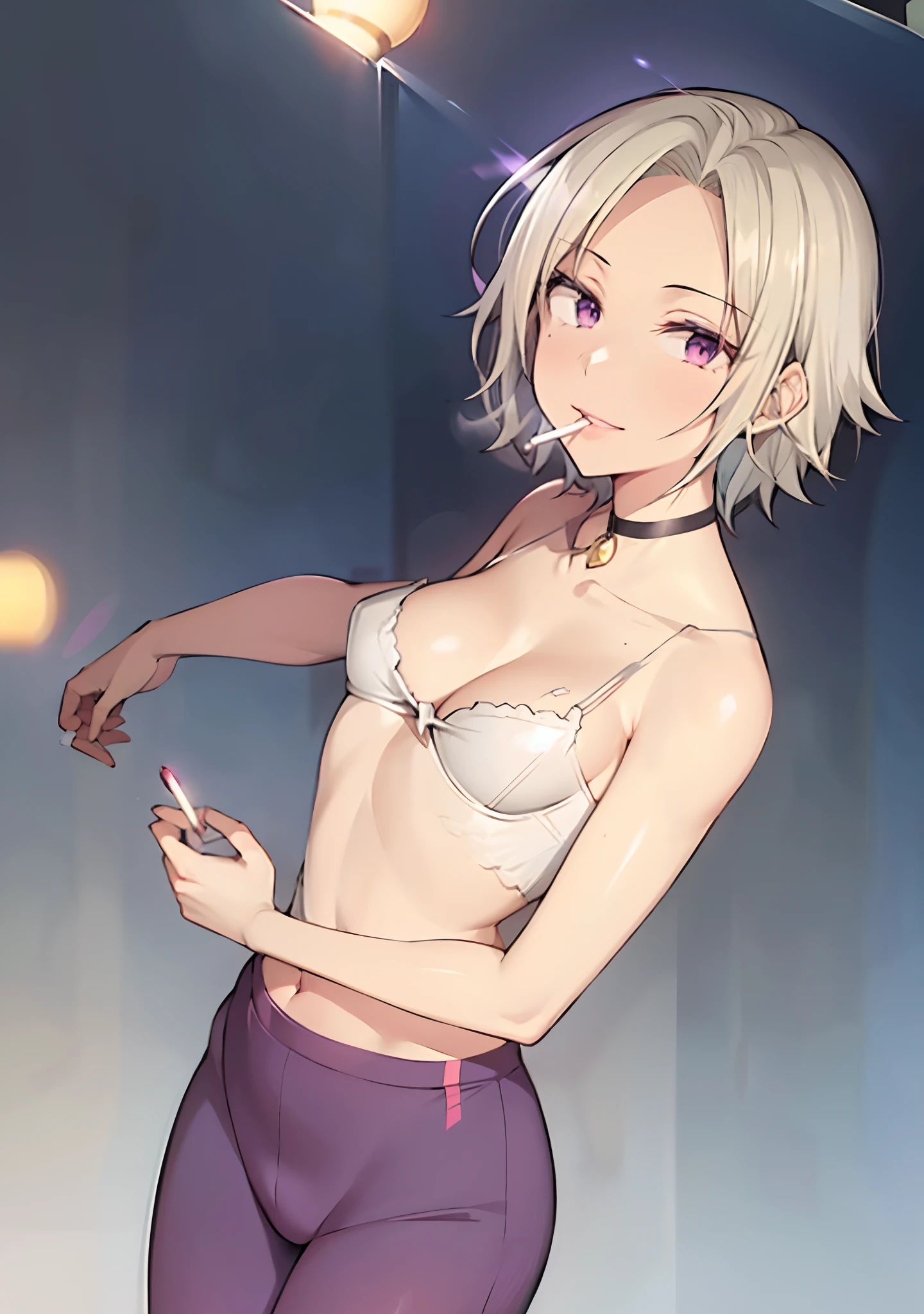 (masterpiece, best quality:1.2), cowboy shot, solo, 1girl, white hair, short wavy hair, purple eyes, average breasts, slender body, light smile, looking at viewer, hands in pockets, formal, suit, (braless), cleavage, black pants, choker, cityscape scenery, street, night light, night time, cigsmoker