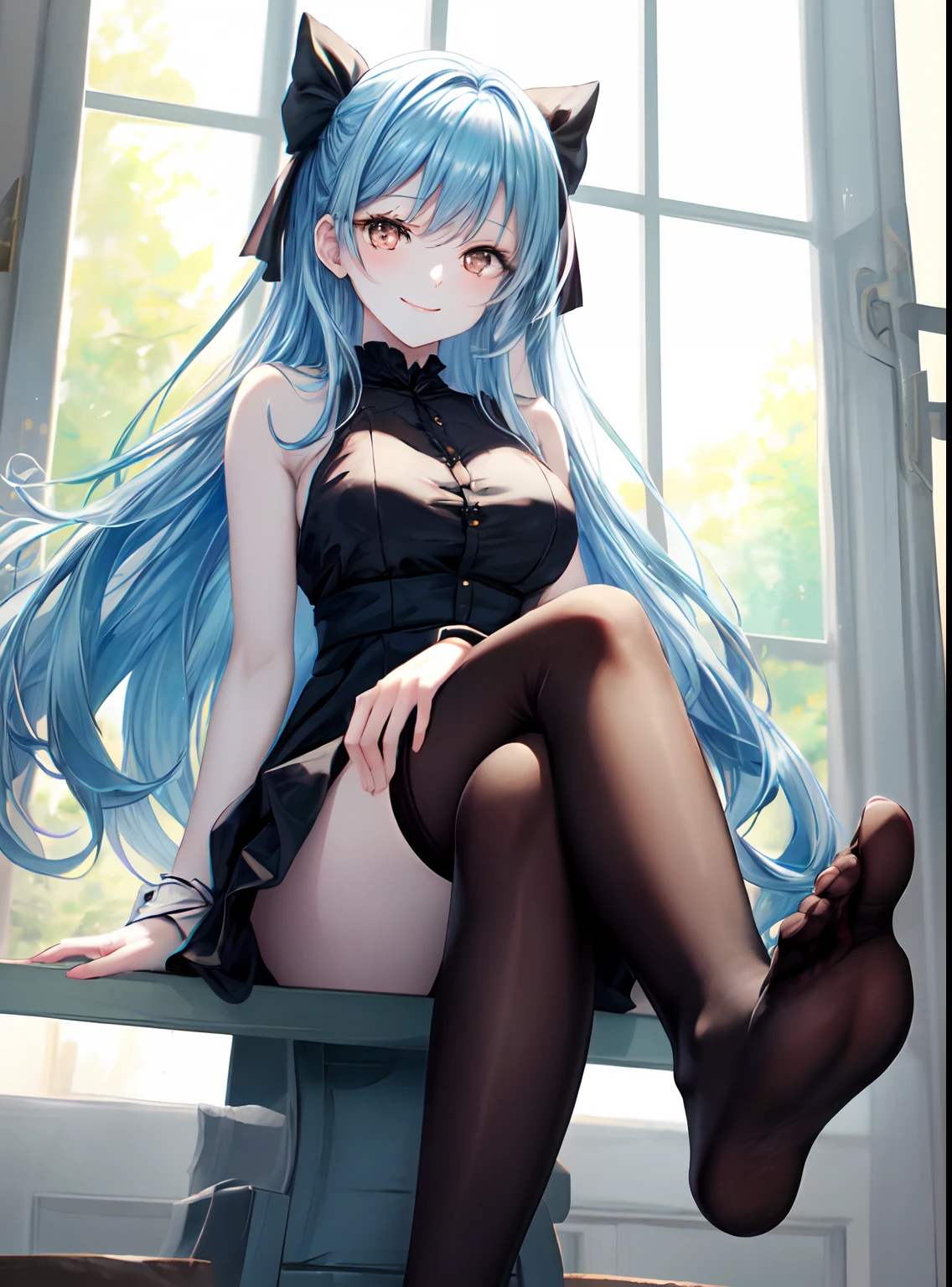 from below, (black thighhighs), showing foot to viewer, (foot focus), (presenting foot), looking at viewer, from below, ((hand on own thigh)), eyelashes, (pale skin:1.4), anime style, masterpiece, 8k, sharp details, 1girl, solo, light blue hair, full body black dress with skirt, mature female, medium breasts, black side twin hair ribbon, brown eyes, long hair, sleeveless, closed mouth, crossed legs, smile, sitting