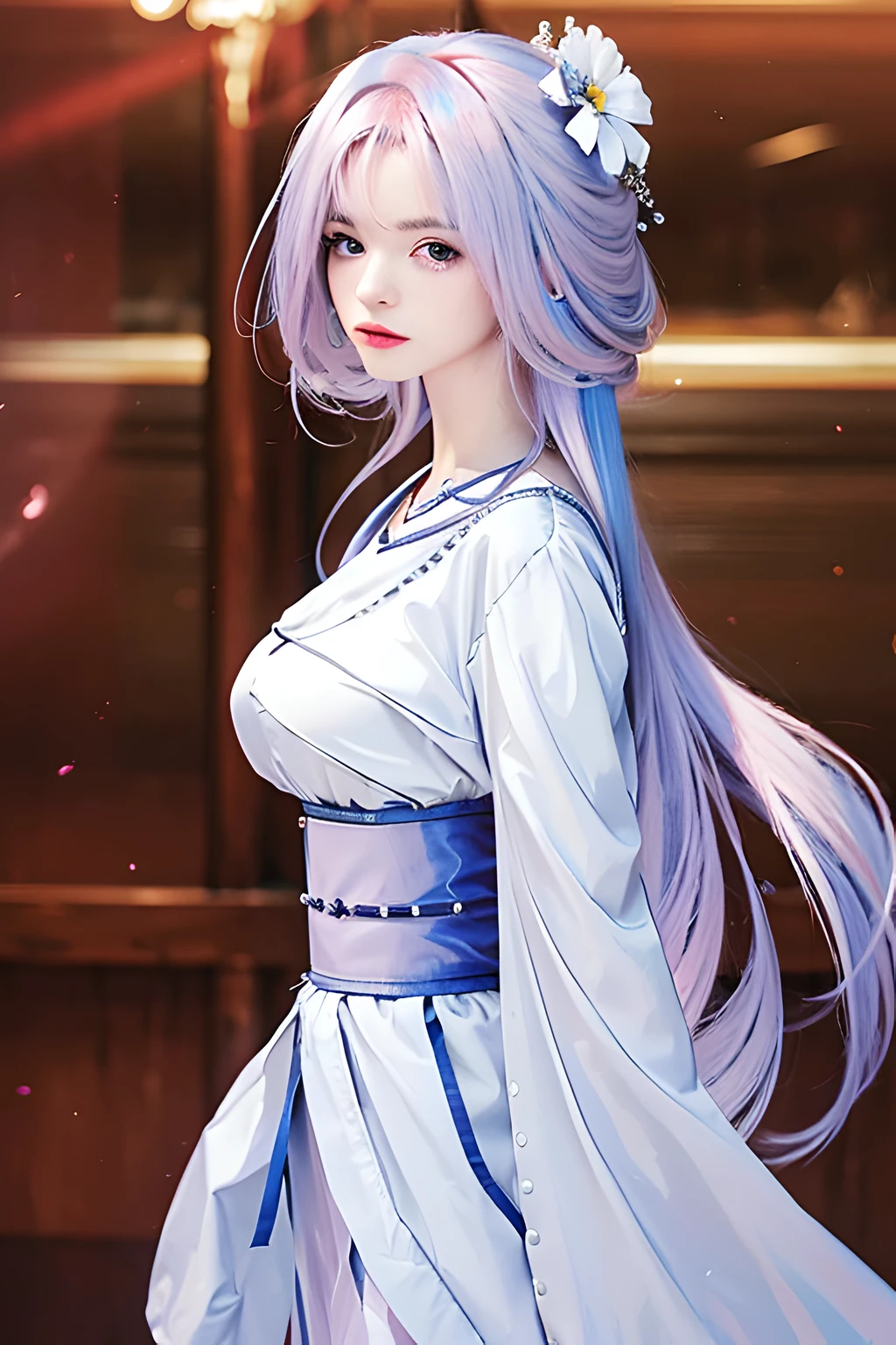 (photorealistic:1.4), best quality, masterpiece, ultra high res, 1girl, (detailed face:1.2), (detailed eyes:1.2), (detailed hair:1.2), (detailed clothes:1.2), 4k, (detailed color:1.2), (light pink hair:1.2),