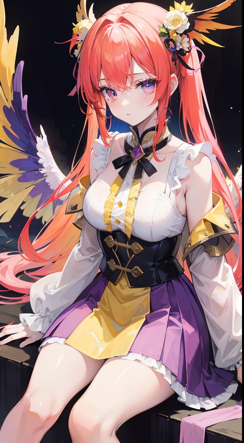 Yellow-red hair,Blue-brown pupils,Yellow-green wings,Wear it with white and pink clothes,Purple and white ornaments,She is a beautiful girl with dual cultivation of immortals and demons,