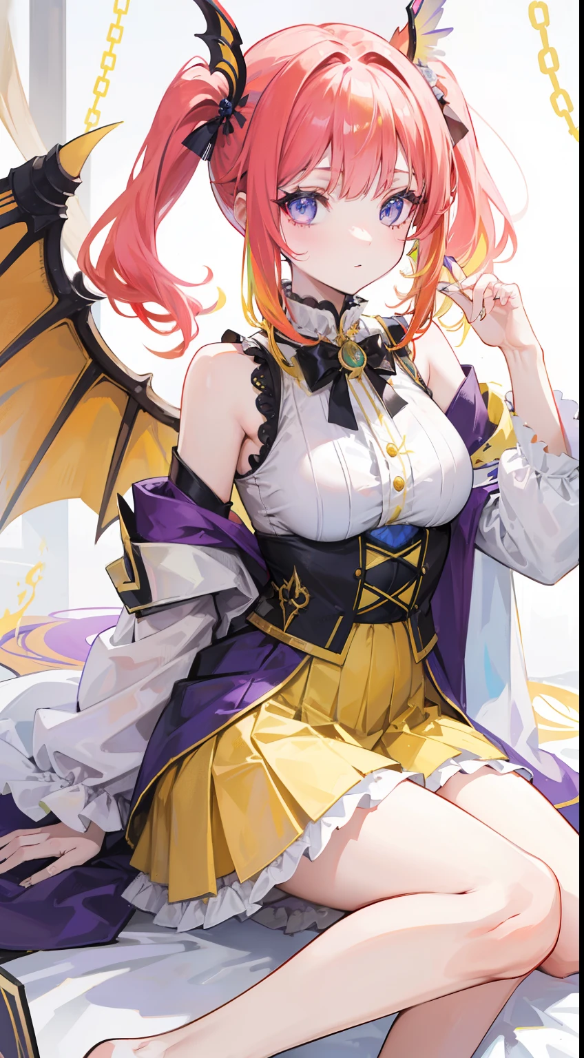 Yellow-red hair,Blue-brown pupils,Yellow-green wings,Wear yours with white and pink,Purple and white ornaments,She is a beautiful girl with dual cultivation of immortals and demons,