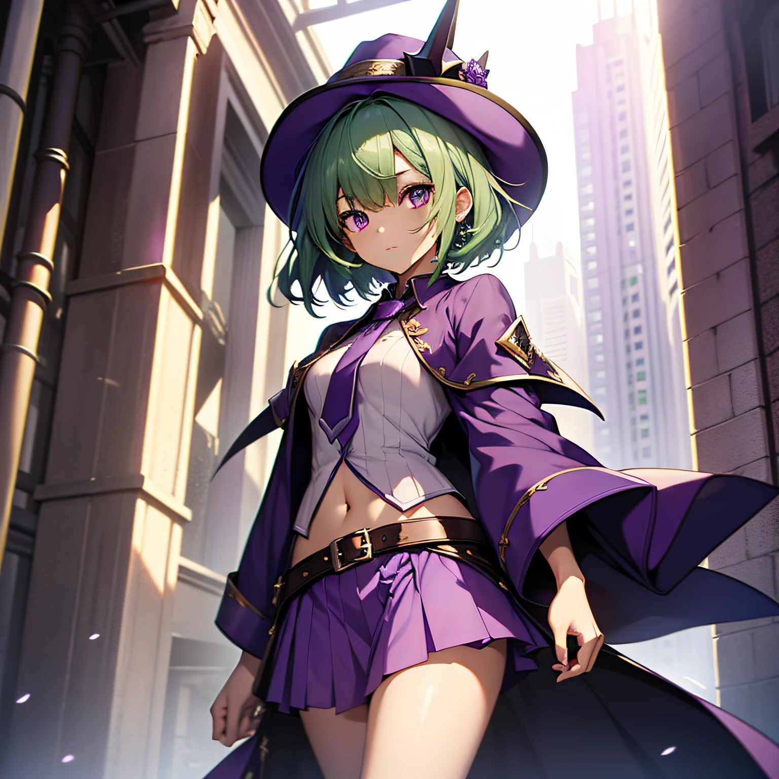 top-quality、extremely delicate and beautiful、(A  girl)、Purple Eye、Green hair、short-haired、(Purple pointy hat)、Purple tie、Soio、shortsleeves、Purple skirt、Purple Wizard Robe、Navel,is standing