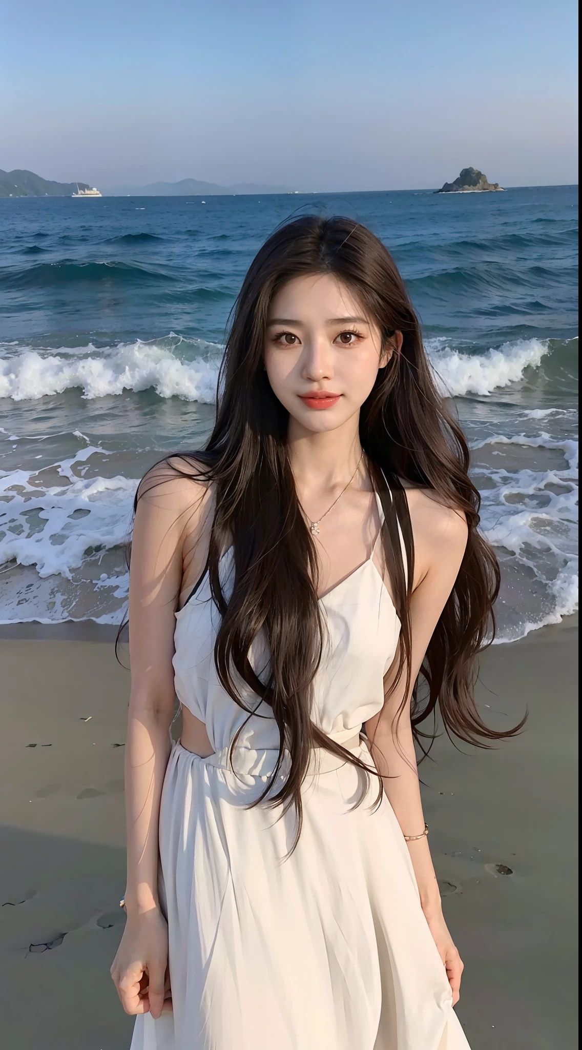 arafed woman in a white dress standing on a beach, beautiful Korean women, bae suzy, Gorgeous young Korean woman, Asian girl with long hair, Beautiful young Korean woman, jaeyeon nam, Brown hair long, With long hair, Korean girl, ulzzangs, Long brown wavy hair, waist long hair, appealing long hair, long hair girl