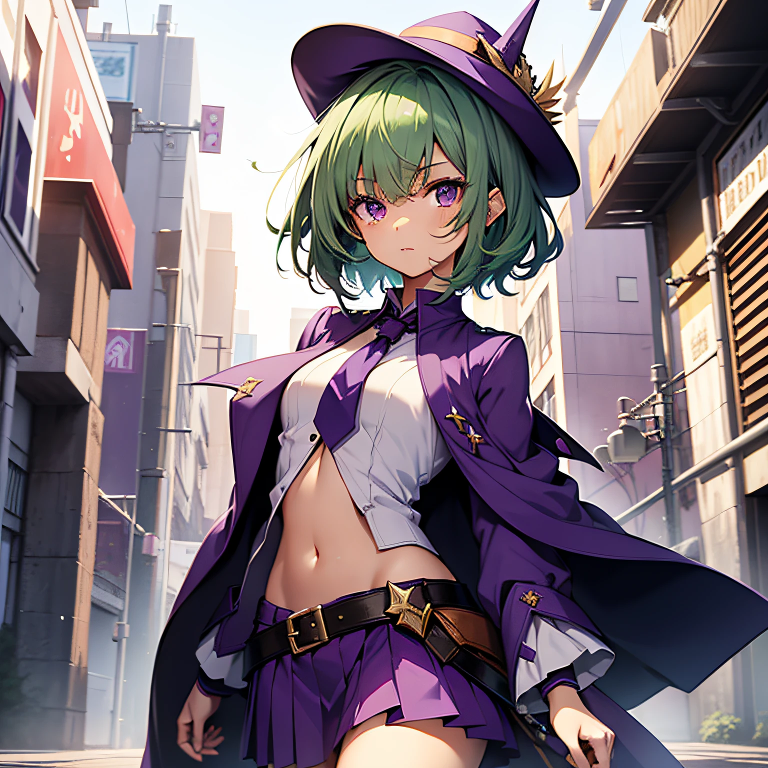 top-quality、extremely delicate and beautiful、(A teenage girl)、Purple Eye、Green hair、short-haired、(Purple pointy hat)、Purple tie、Soio、shortsleeves、Purple skirt、Purple Wizard Robe、Navel,is standing