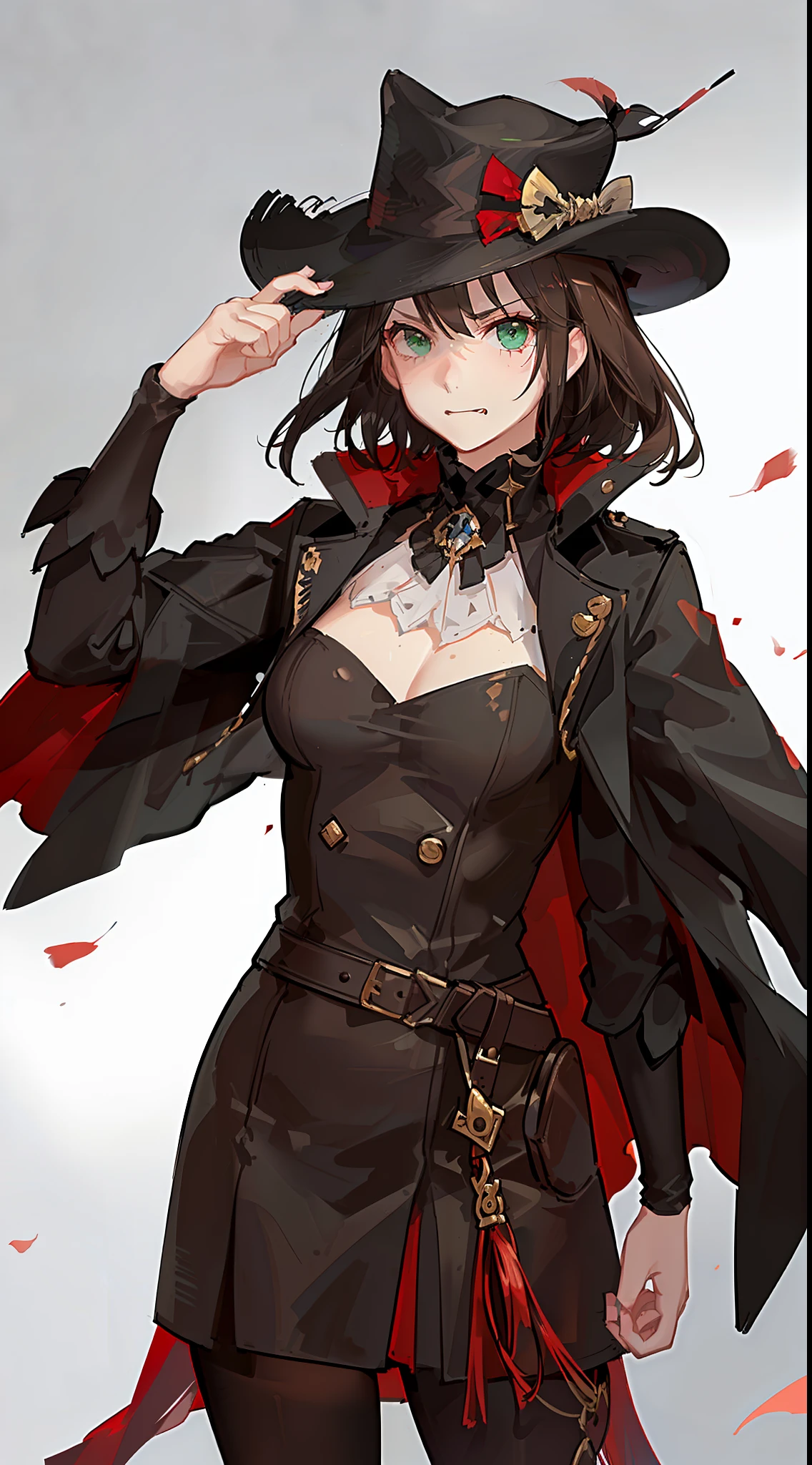 young girl, short black hair, Green eyes, White Mask, brown leather coat, hat, Rorschach, angry, Masterpiece, hiquality
