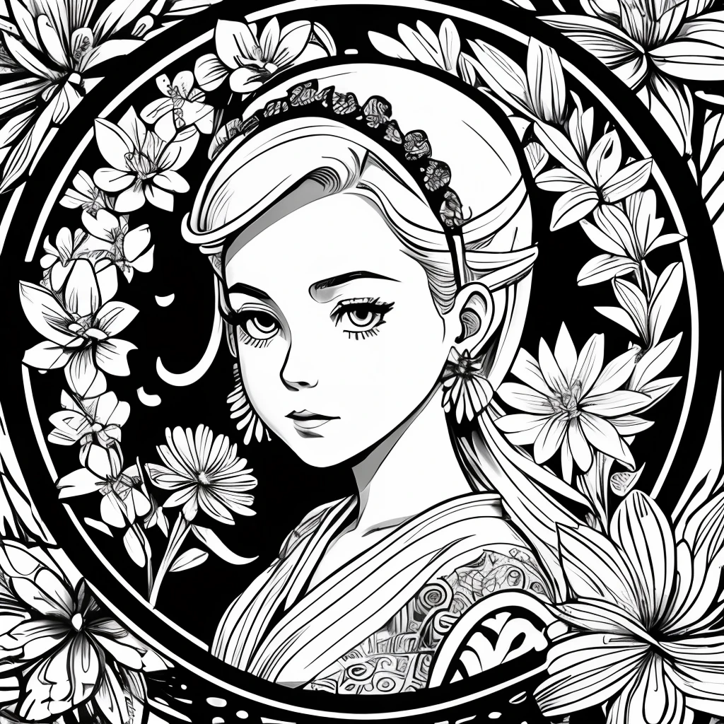 Black and white stick figure 1 girl with river lillies flower in background,  in dress with flowers, its fine ink line art, comic style, portrait of ploynesian girl, Marilyn Munroe, Hollywood glam, beautiful line art, black and white comic style, manga style, manga art style, pencil and ink caricature drawing, black and white coloring
