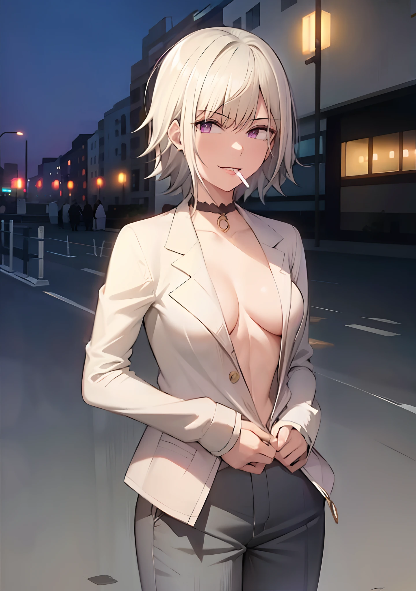 (masterpiece, best quality:1.2), cowboy shot, solo, 1girl, white hair, short wavy hair, purple eyes, average breasts, slender body, light smile, looking at viewer, hands in pockets, formal, suit, (braless), cleavage, black pants, choker, cityscape scenery, street, night light, night time, cigsmoker