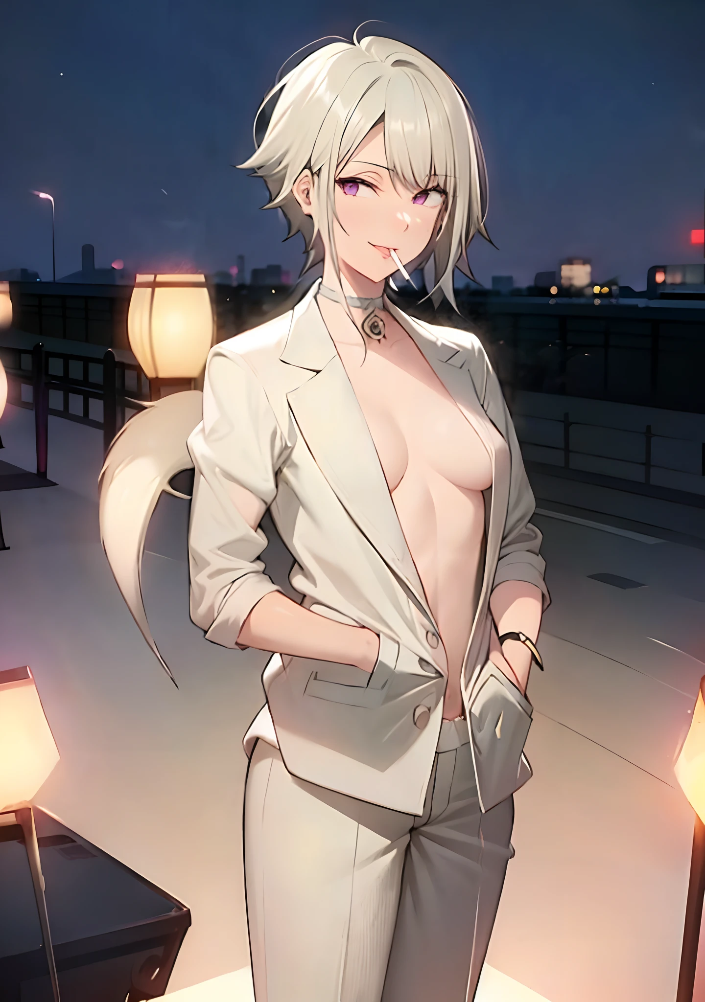 (masterpiece, best quality:1.2), cowboy shot, solo, 1girl, white hair, short wavy hair, purple eyes, average breasts, slender body, light smile, looking at viewer, hands in pockets, formal, suit, (braless), cleavage, black pants, choker, cityscape scenery, street, night light, night time, cigsmoker