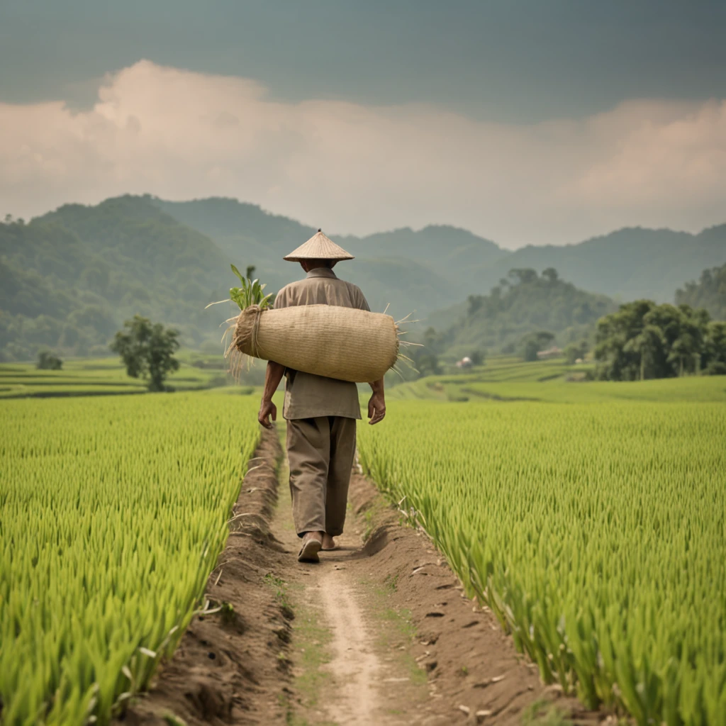 An old farmer carrying a flat burden, walking on the winding path of the countryside, big clouds, blue sky, rice fields, neat rice seedlings in the field, forest, hillside, secluded, countryside, HD detail, hyper-detail, cinematic, surrealism, soft light, deep field focus bokeh, ray tracing and surrealism.