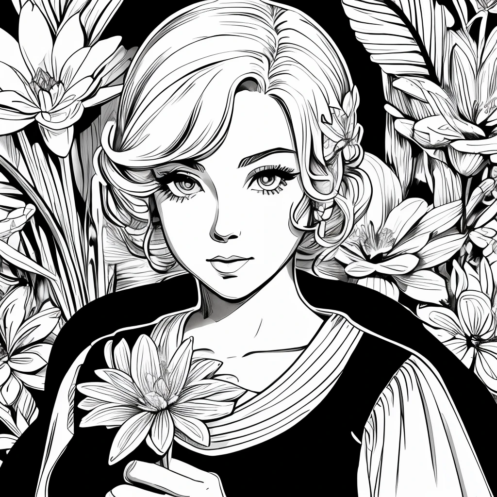 Black and white stick figure 1 girl with river lillies flower in background, loli in dress with flowers, its fine ink line art, comic style, portrait of ploynesian girl, Marilyn Munroe, Hollywood glam, beautiful line art, black and white comic style, manga style, manga art style, pencil and ink caricature drawing, black and white coloring