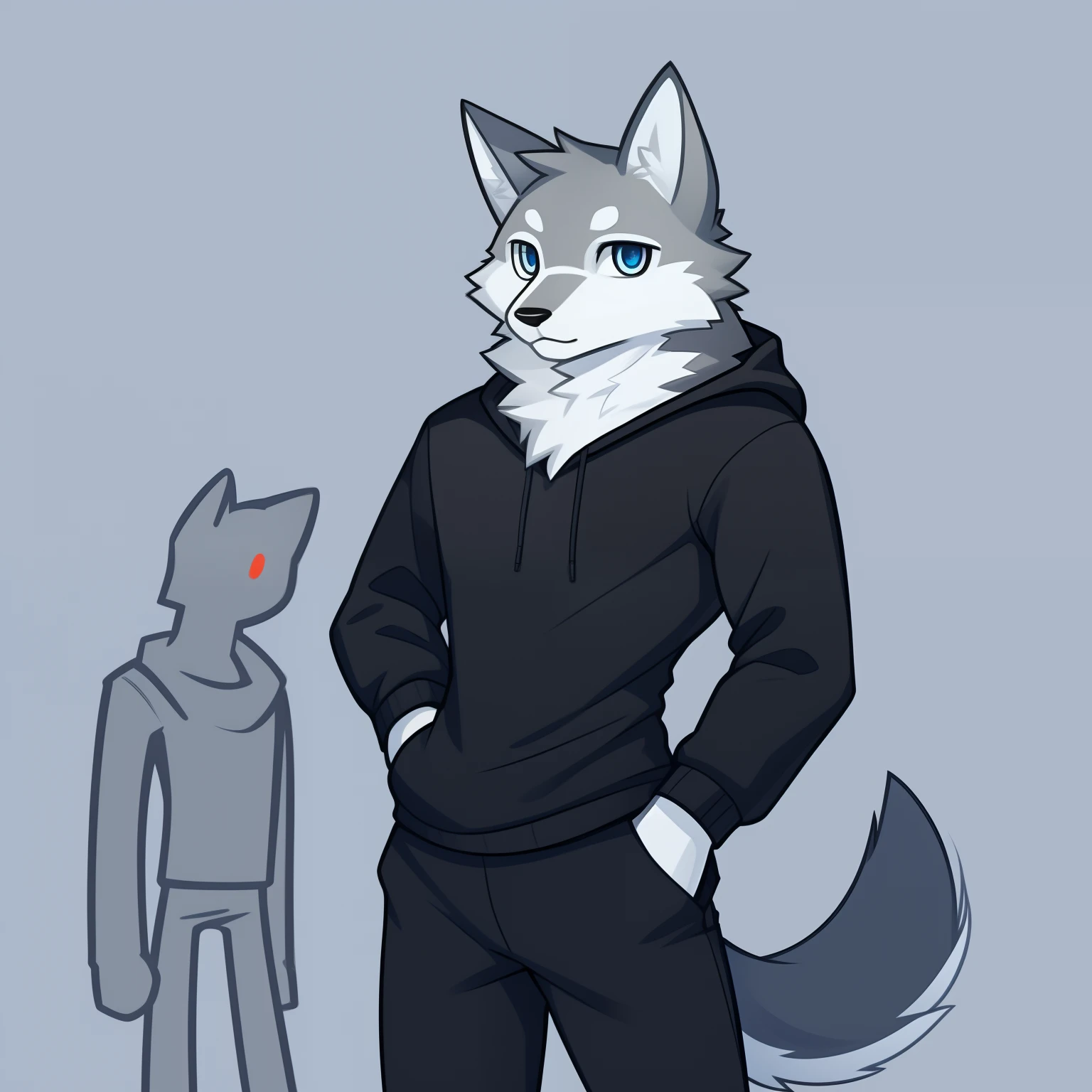 White and gray wolf illustration、Professional technology、soft fluffy fur、male people、Gray hoodie 、Blue eyes、Long black pants、Normal physique、age19、Heavy eyes、long-sleeve、Waist-length clothing、Illustration of only the upper body from the waist up、doodle