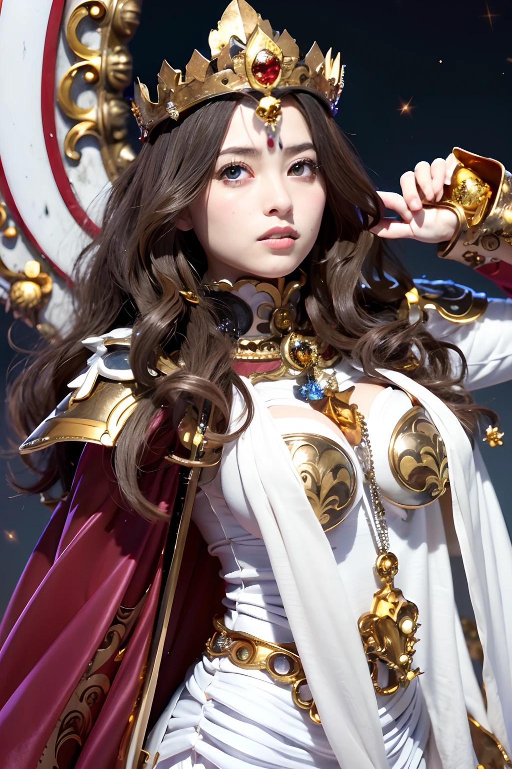 (masutepiece), Professional , ​masterpiece、top-quality、photos realistic , depth of fields ,（Wind element），close-up，dream magical，tornado，Lightning，（Gemstone Silver Jewel Body:1.９),(Matte White、Jewel Gold Weapon_（Metal:1.４),Gorgeous Jewel Metal Weapons , Detailed Sword of the Brave , Beautiful knife   ,warhammer 40k , adepta sororitas,Detail and ornate jewel crown、Brown hair、Gangle's forest background、Beautiful Caucasian beauty、１a person、dynamic ungle,(((Detailed and ornate diamond crown)))、Particles of light、cleavage of the breast、magic circles、