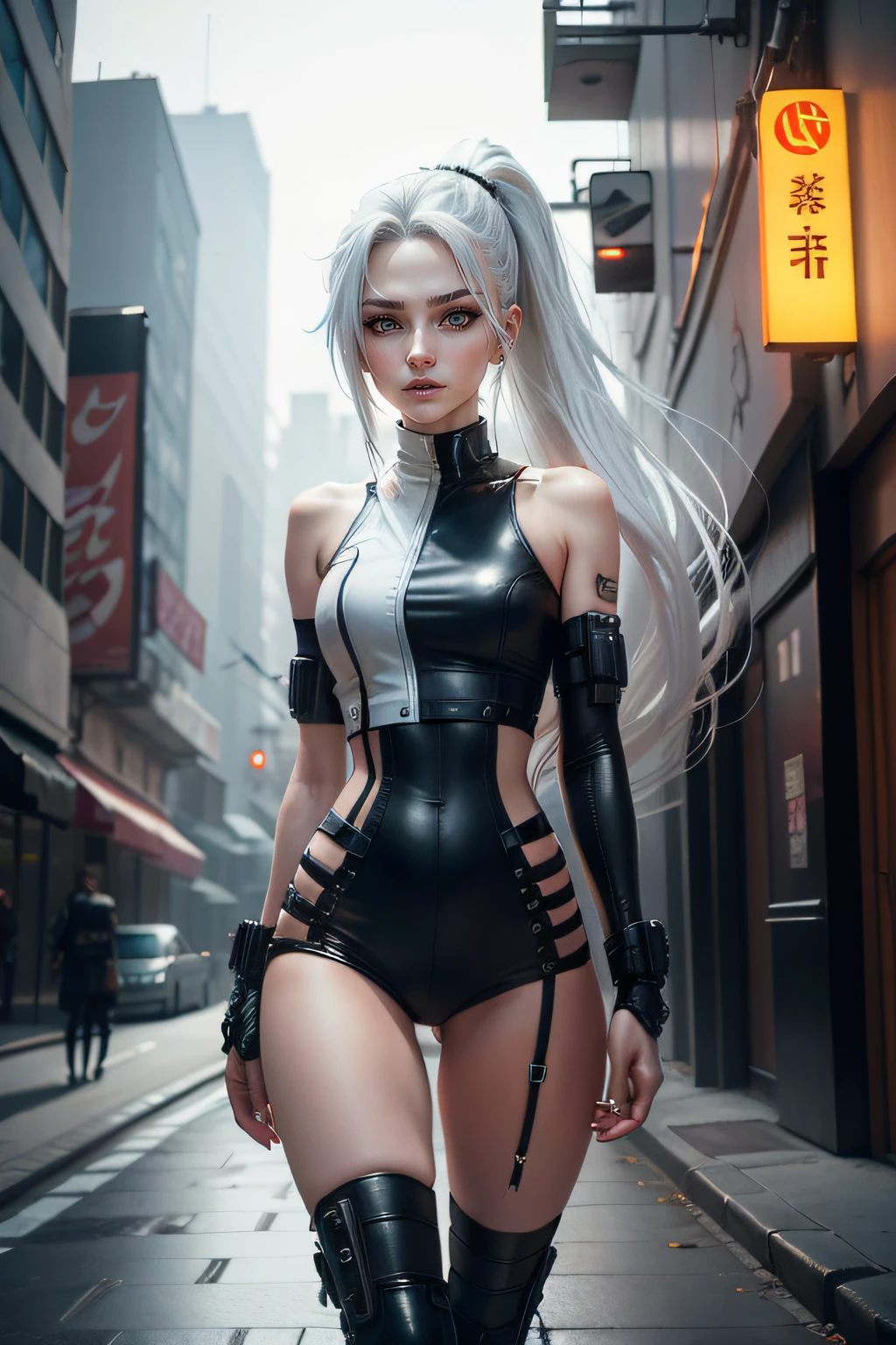 Beauty long single ponytail,Short white cyberpunk-style outfit,Long legs,Silvery hair,Beautiful face,Beautiful city,16K quality,Rich details on the eyes and face