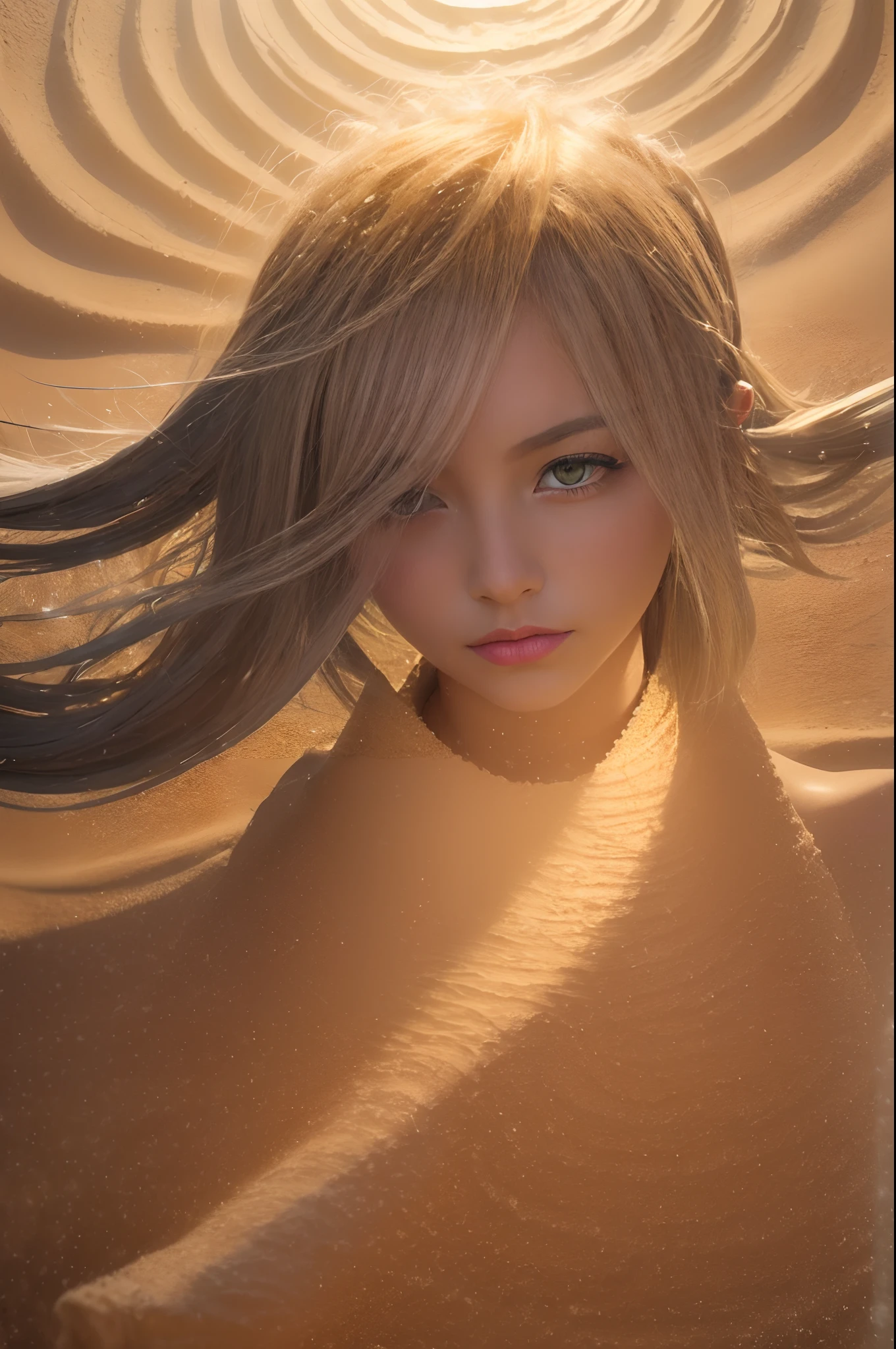 (large sand  twister in floating a small sand spirit:1.6), (large sand robe:1.4), (freeze motion hair with messy hair light:1.5), desert with desert stone detailed castle architecture background, blue hour, (fog machine with sand:1.1), intricately detailed texture and skin and hair, ultra quality, cinematic still, 16k, conceptual contrast, natural light, real shadows, holographic, holographic render, multilayer, gel pen with gel ink, holographic coloring, mysterious atmosphere, photo real painting,