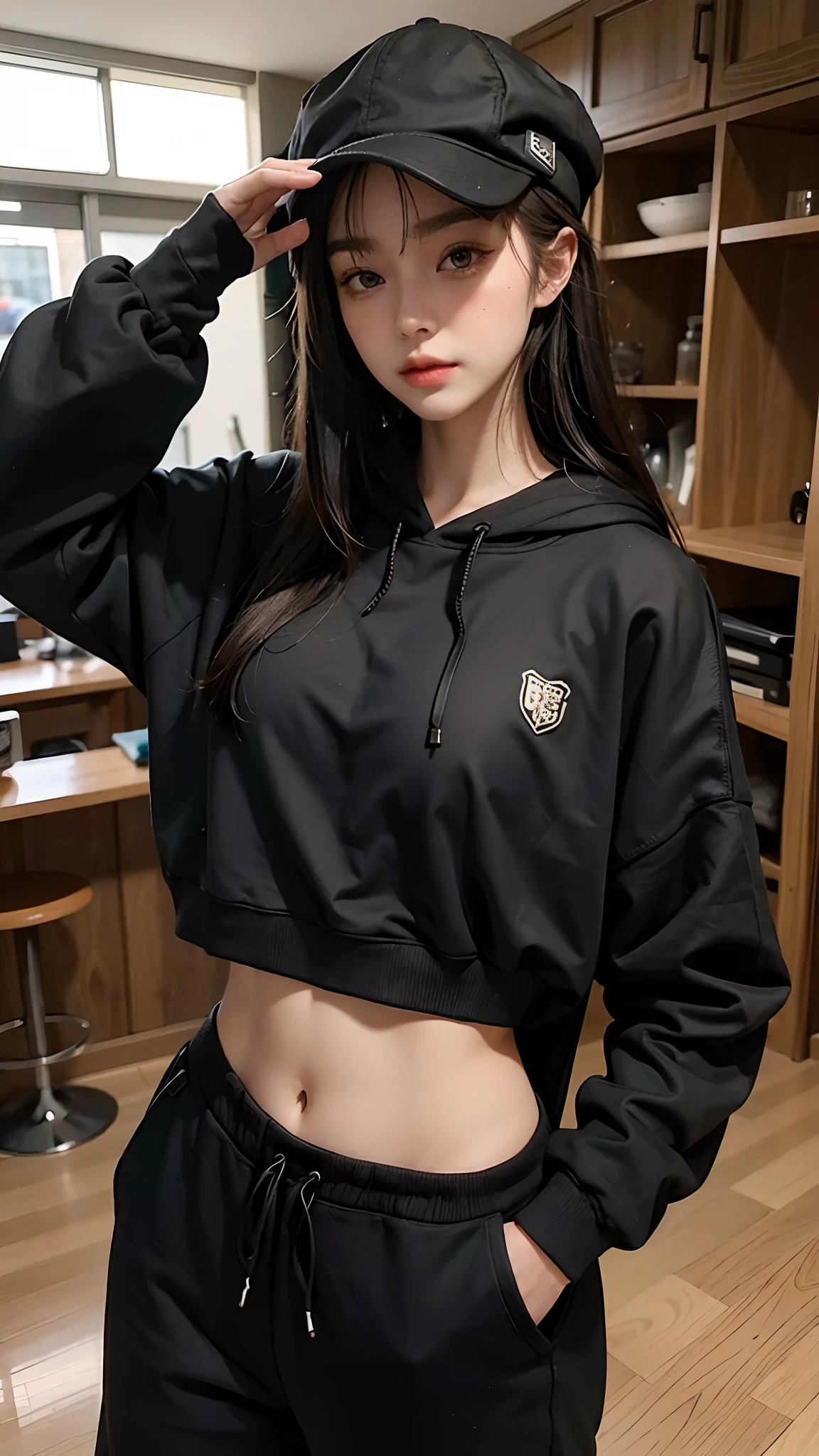Beautiful woman wearing black hoodie, detailed body, masterpiece,wearing a watchband,wear a hat