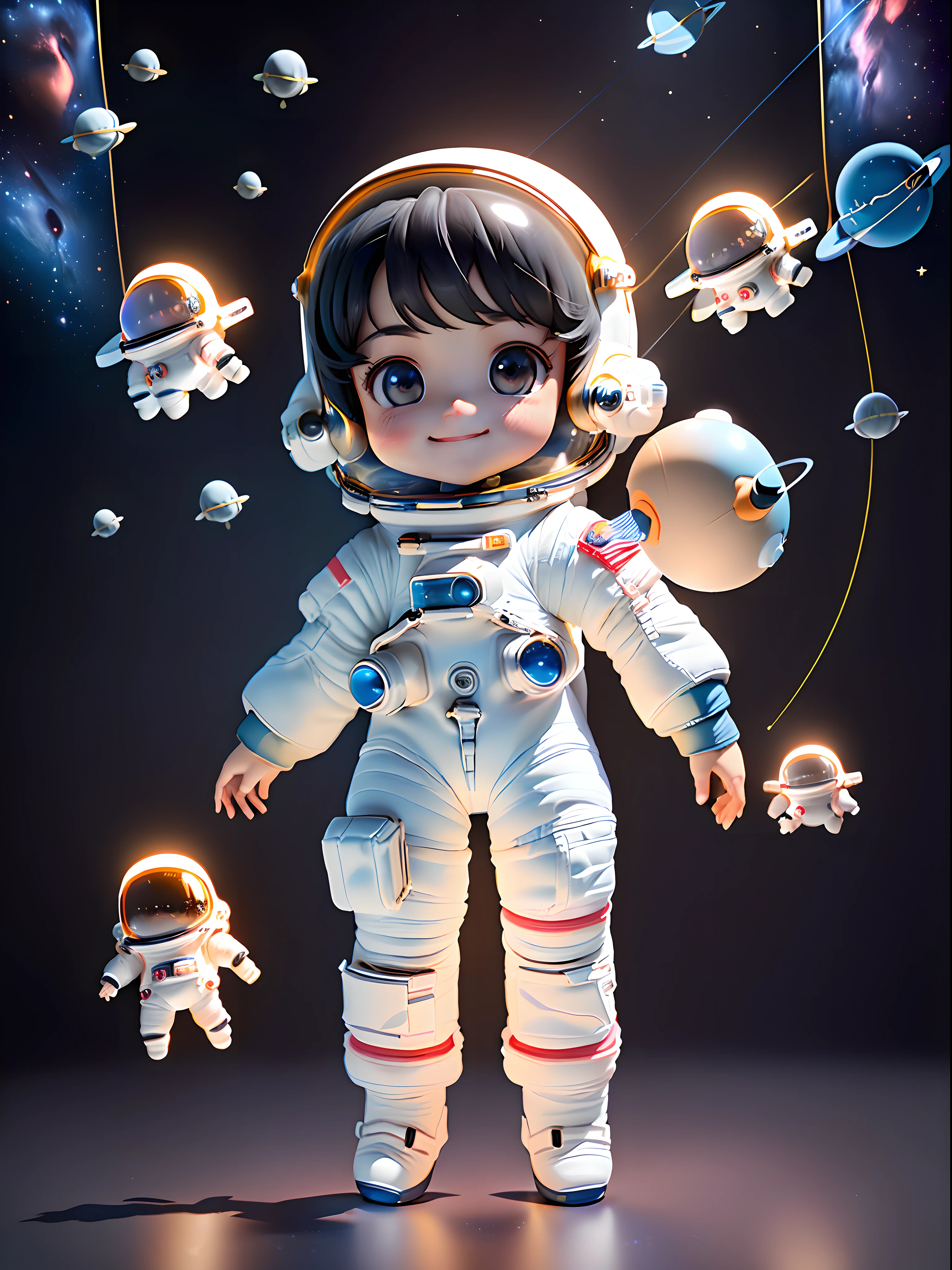Super cute girl full body 3D drawing, 1pc, good looking eyes, big eyes, cute, happy, c4d, pop matt blind box, glowing bubbles, toys, solid color background, chibi, fluorescent translucency, luminous body, kawaii, doll, (((astronaut, white spacesuit)))), reference sheet, pop mart blind box, Pixar, intricate details, 3d rendering, blender, oc renderer, fol reference body sheet, dribble, High Details, 8K, Studio Lighting, Loli, Petite, Child, Chibi, SD characters: 1.1, Magic Space Background, Flying, Levitating, Black Hair --auto