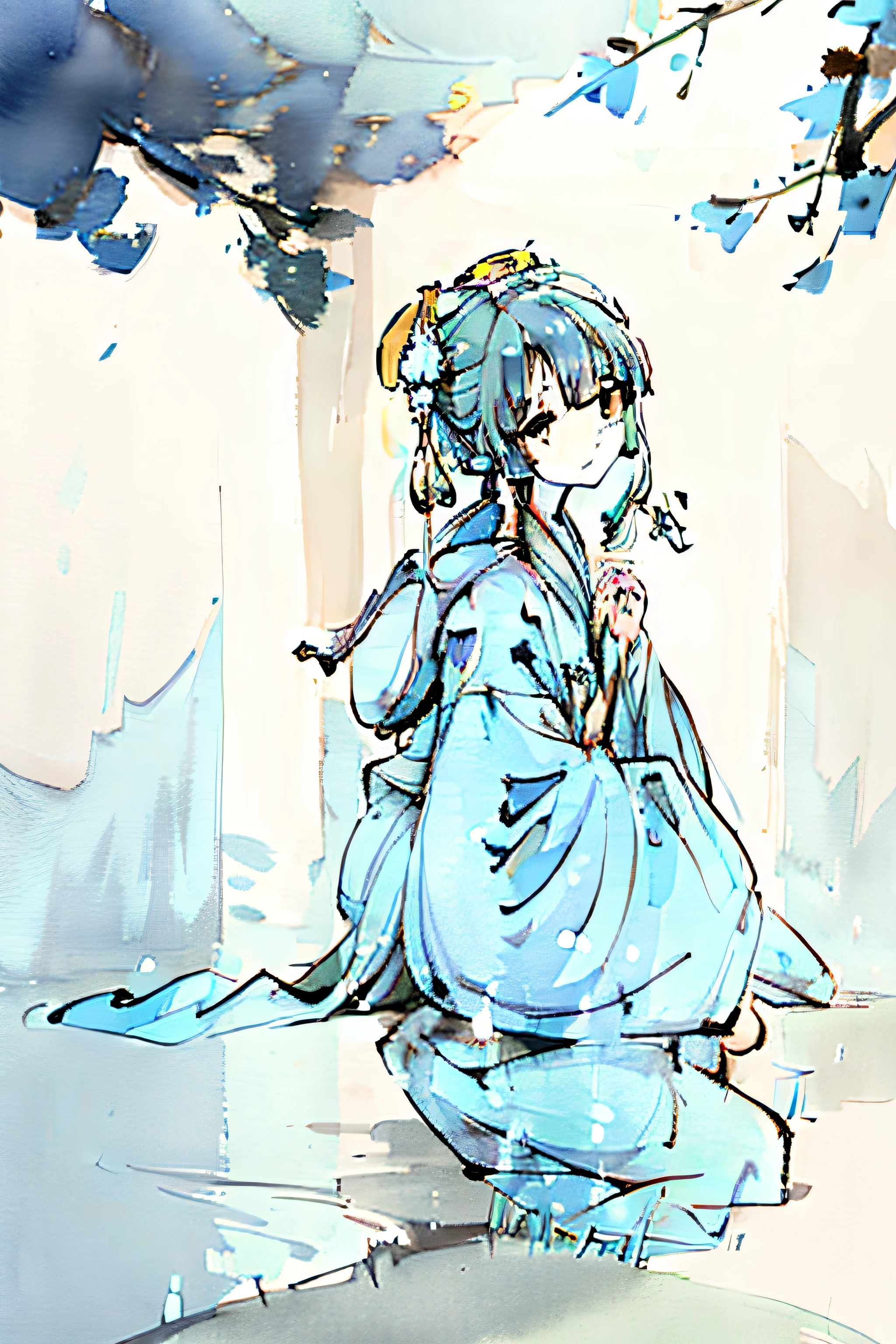 A girl in a cyan robe sits on a quiet mountain and plays a guqin。