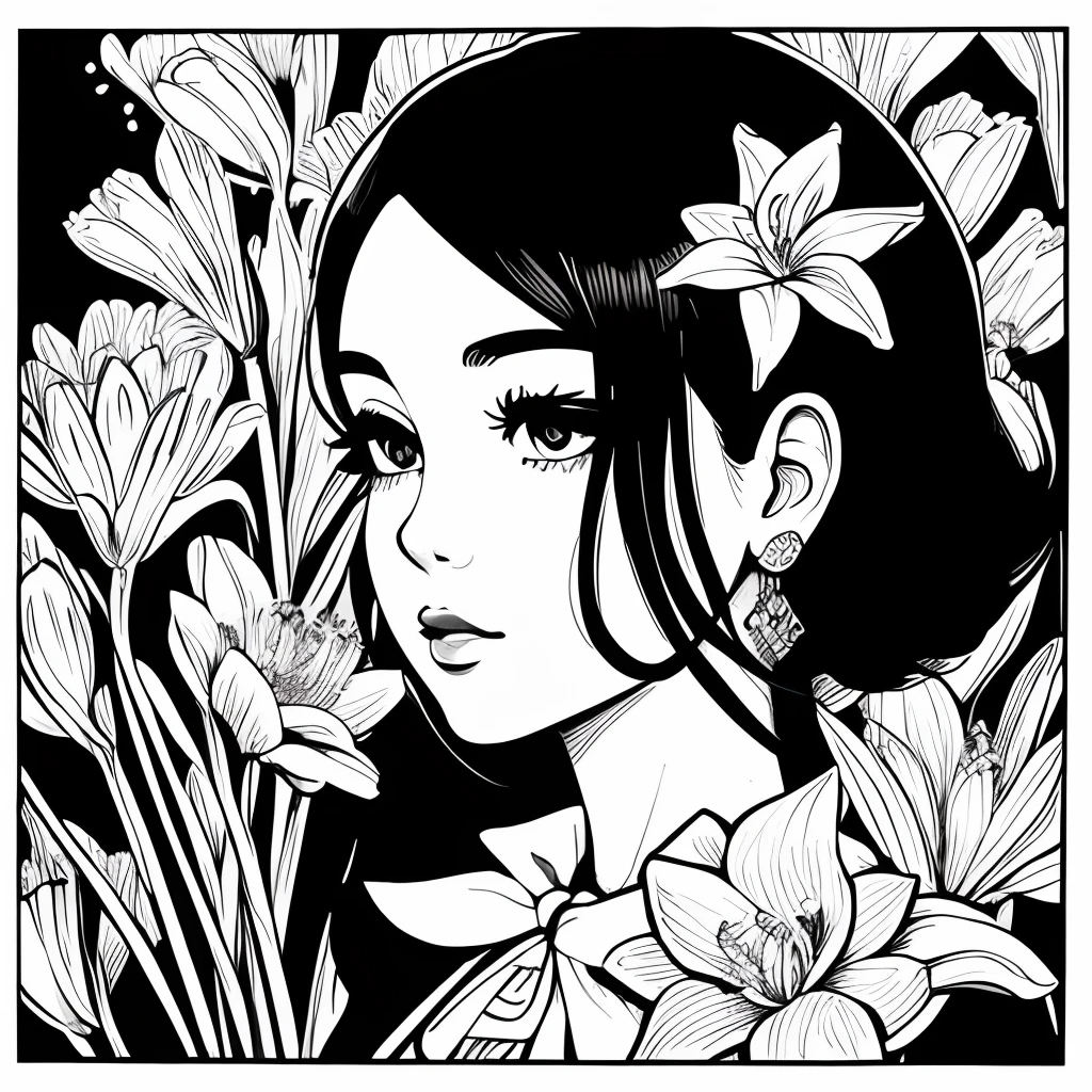 Black and white stick figure 1 girl with river lillies flower in background, loli in dress with flowers, its fine ink line art, comic style, portrait of ploynesian girl, Marilyn Munroe, Hollywood glam, beautiful line art, black and white comic style, manga style, manga art style, pencil and ink caricature drawing, black and white coloring