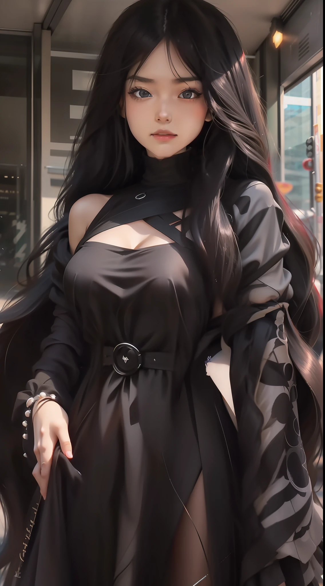 Close-up of a woman with long hair in a black dress, Anime girl with long hair, with long hair and piercing eyes, ilya kuvshinov with long hair, 8K Artgerm bokeh, glowing flowing hair, Guviz-style artwork, by Yang J, Anime girl wearing black dress, Asian girl with long hair