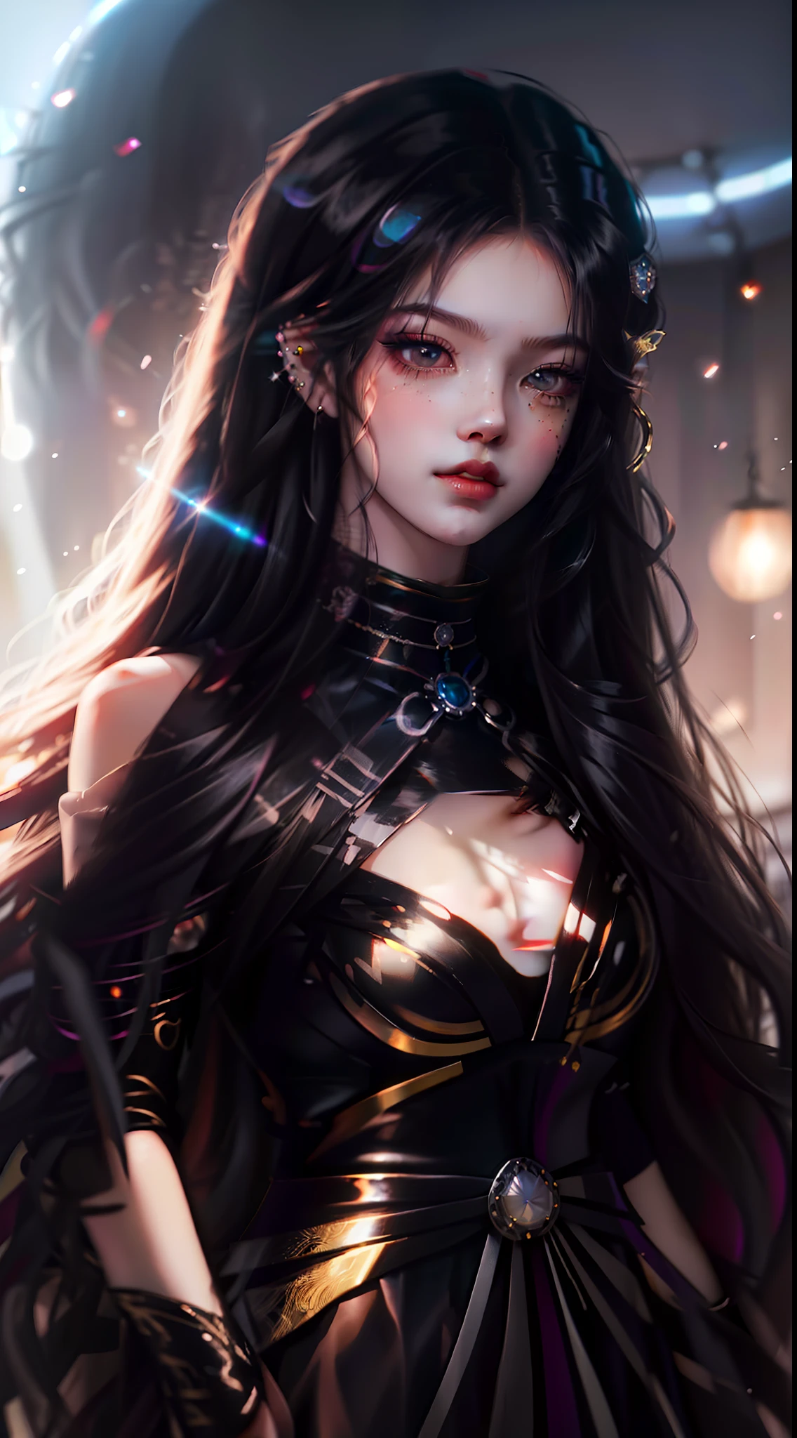 Close-up of a woman with long hair in a black dress, Anime girl with long hair, with long hair and piercing eyes, ilya kuvshinov with long hair, 8K Artgerm bokeh, glowing flowing hair, Guviz-style artwork, by Yang J, Anime girl wearing black dress, Asian girl with long hair