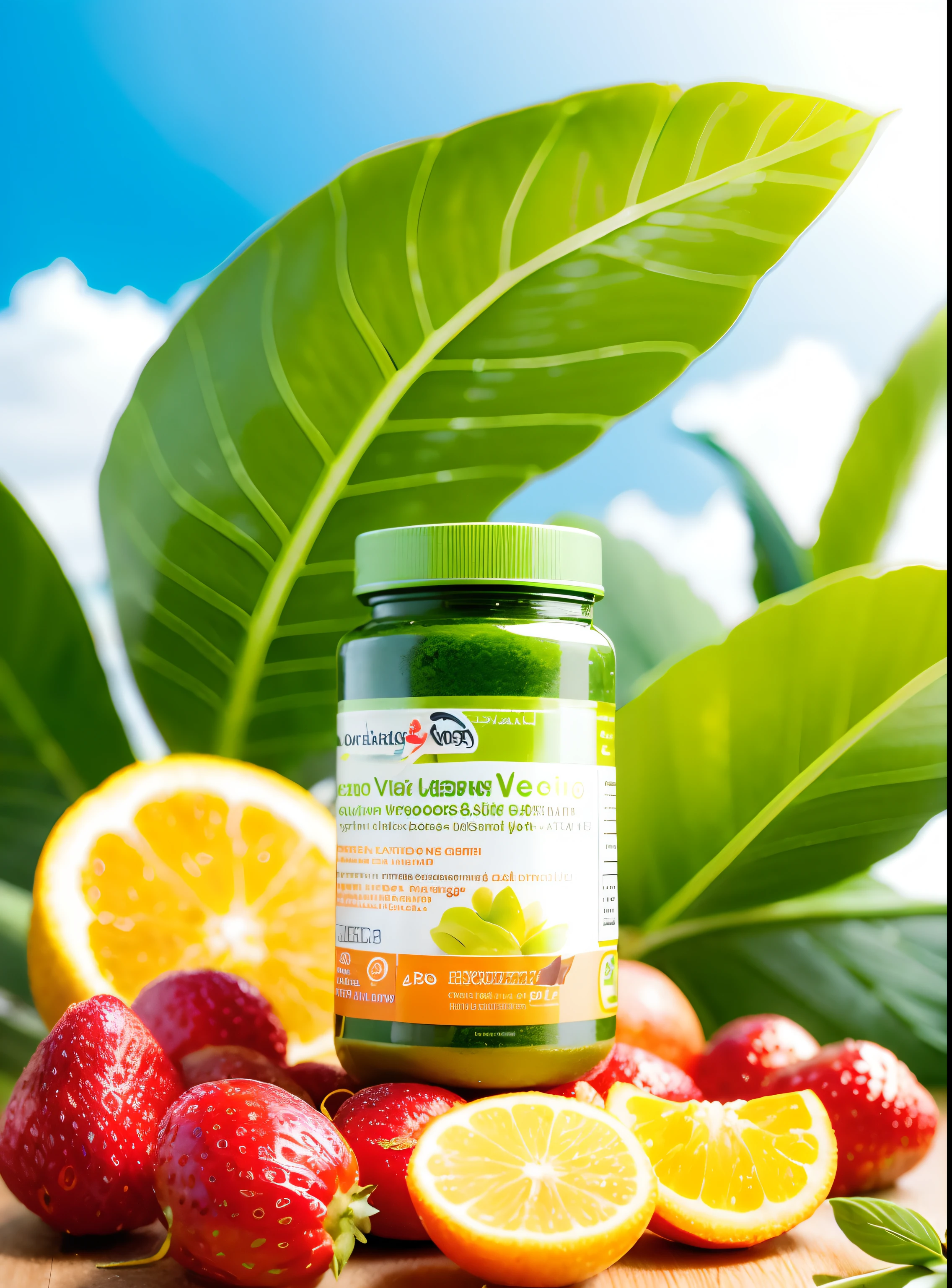 Lots of fruits and vegetables in the background，This product is a vitamin supplement, Organic, Spring vitality, vitamin,  Vibrant and dynamic, advertisement picture, beauty shot, summer vibrance, Advertising photography, ProductAdvertisements