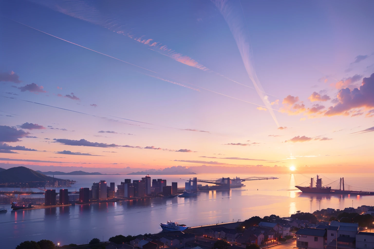 View from a hill overlooking the port area、Summer is coming to an end、More beautiful and wonderful purple to red gradient at dusk、The sun is about to set、Large ships docked、You can also see a large bridge across the strait、move、Gentle、desolate、The ultra -The high-definition、
